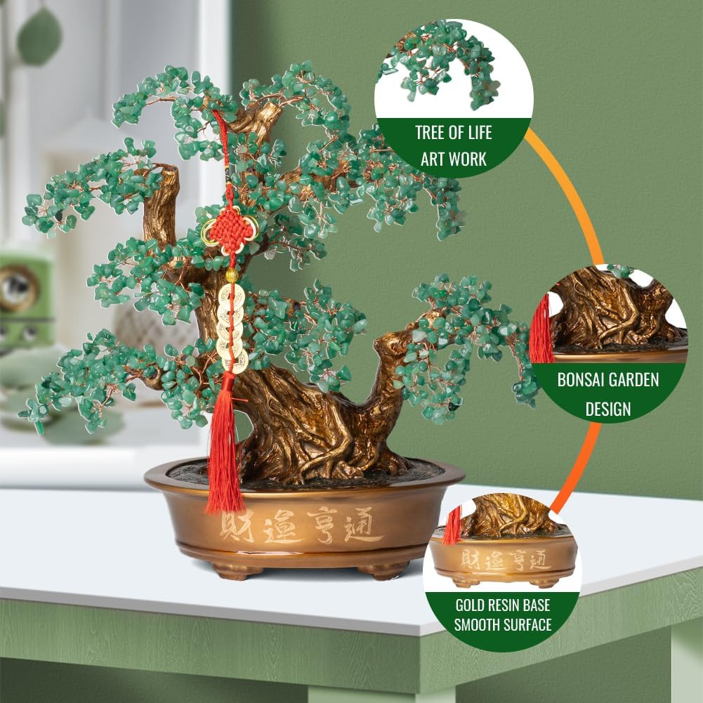 Green Aventurine Gemstone Crystal Bonsai Tree of Life（1,350 Gemstone Count） Larg