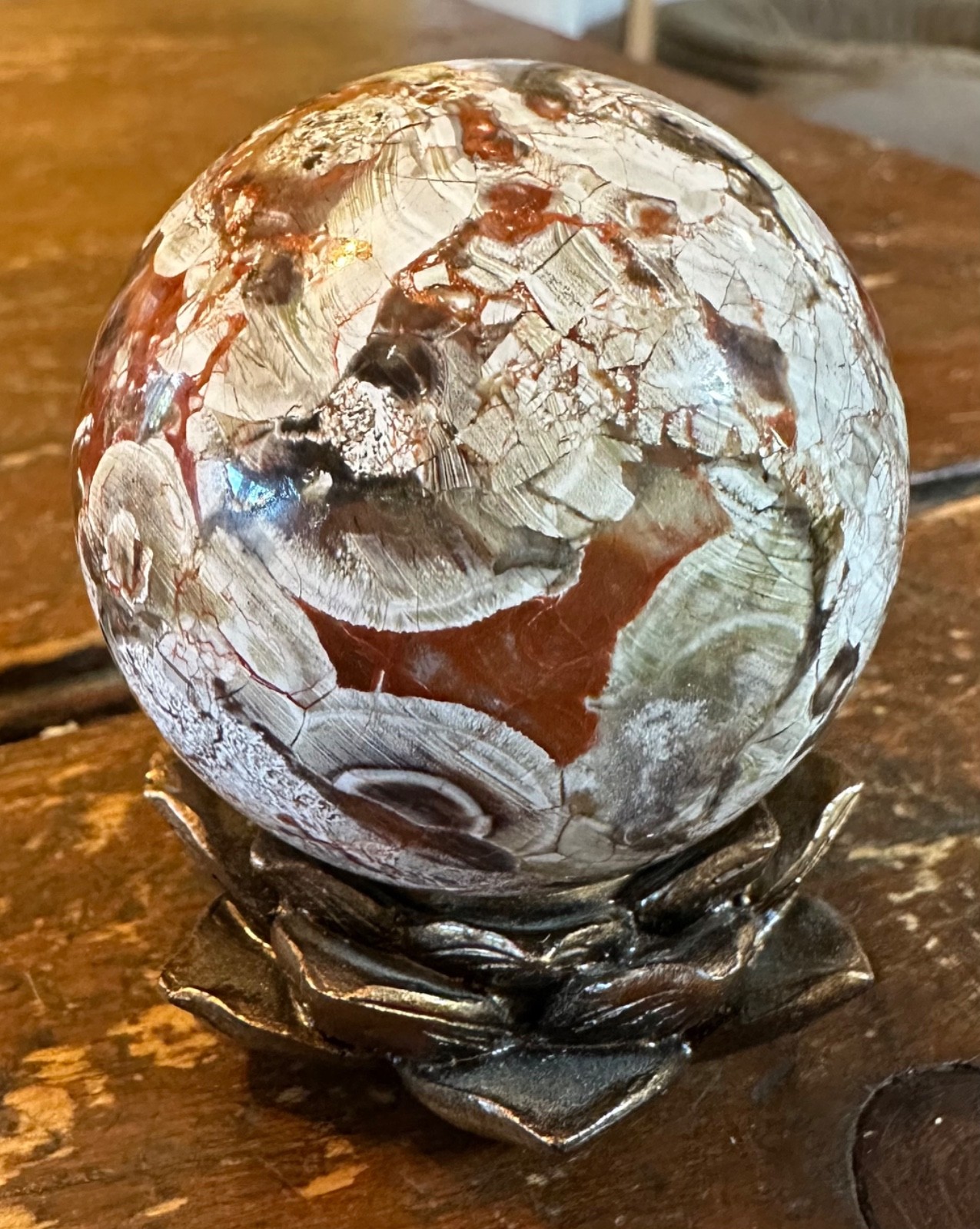 Colorful Money agate crystal sphere with brown resin petal stand free shipping