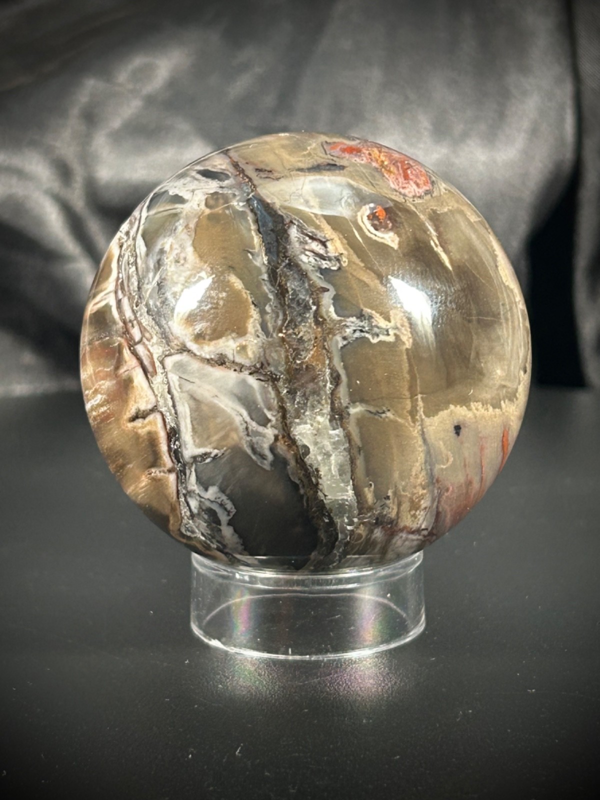 2.33″ Petrified Wood Sphere With Acrylic Stand UV REACTIVE 10.1oz