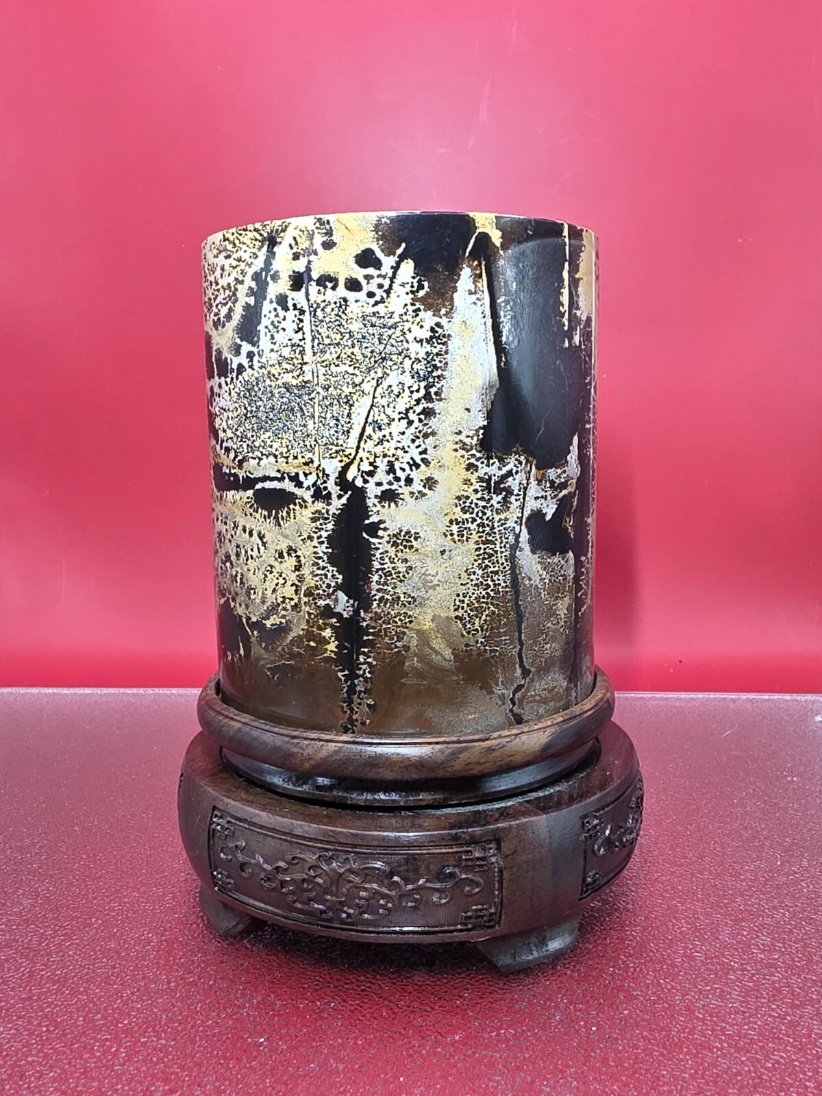 Natural Picture Jasper Vase Quartz Crystal On A Wood Holder Reiki healing 2+LB