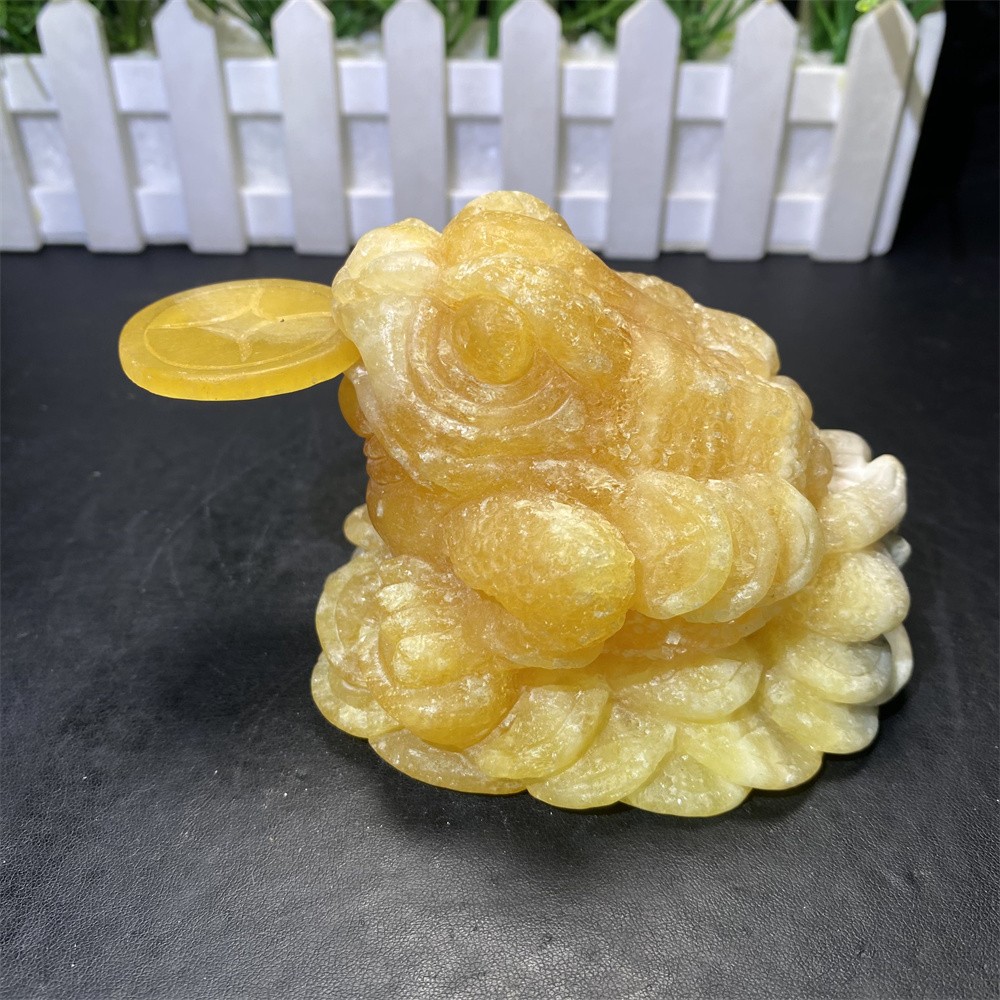 1.9LB 3.9″ Natural Calcite Golden Toad Statue Crystal Reiki Carving Quartz Decor