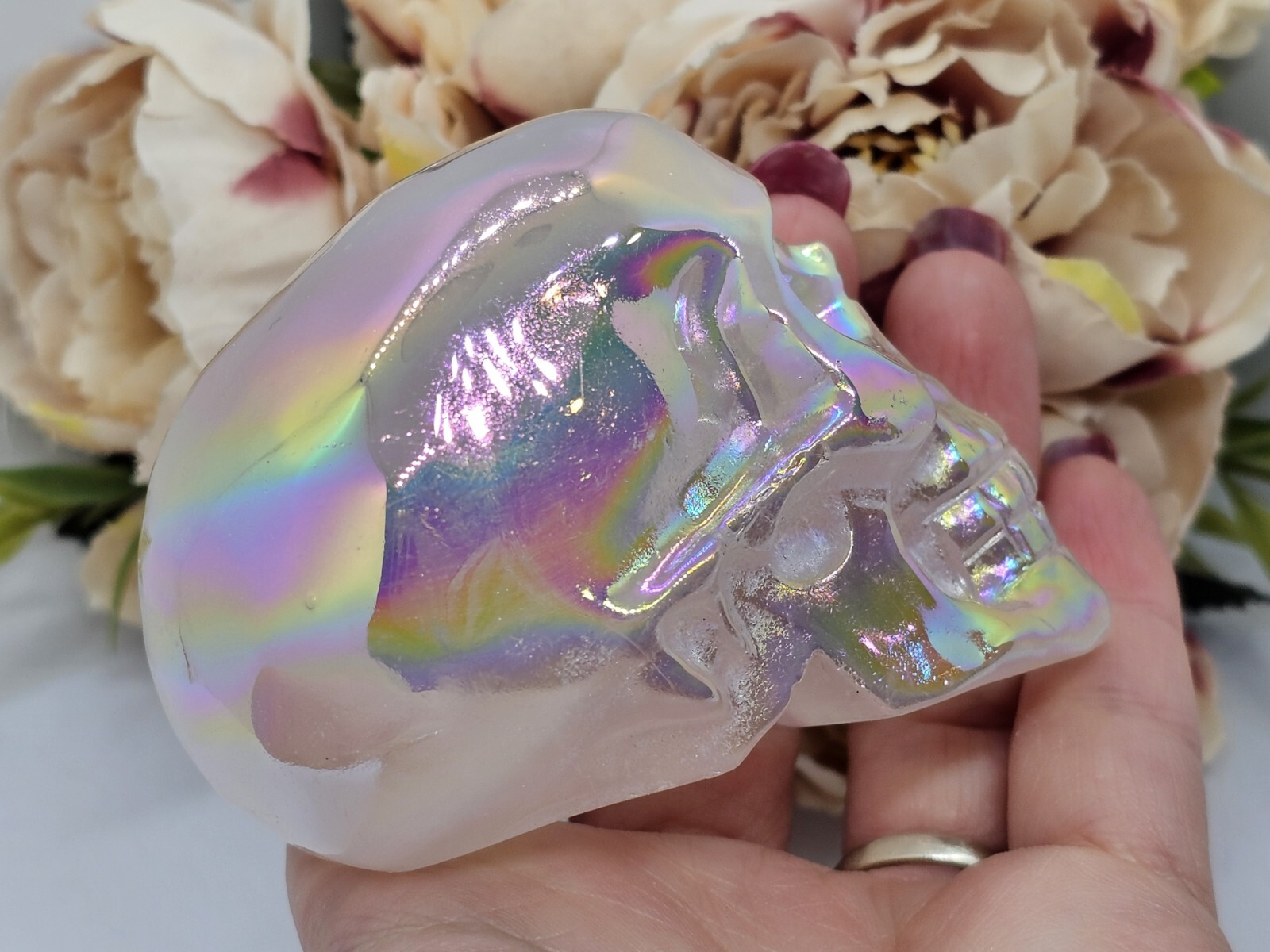 *SALE* Angel Aura Rose Quartz Rainbow crystal Skull 281g 5x7x4.8cm
