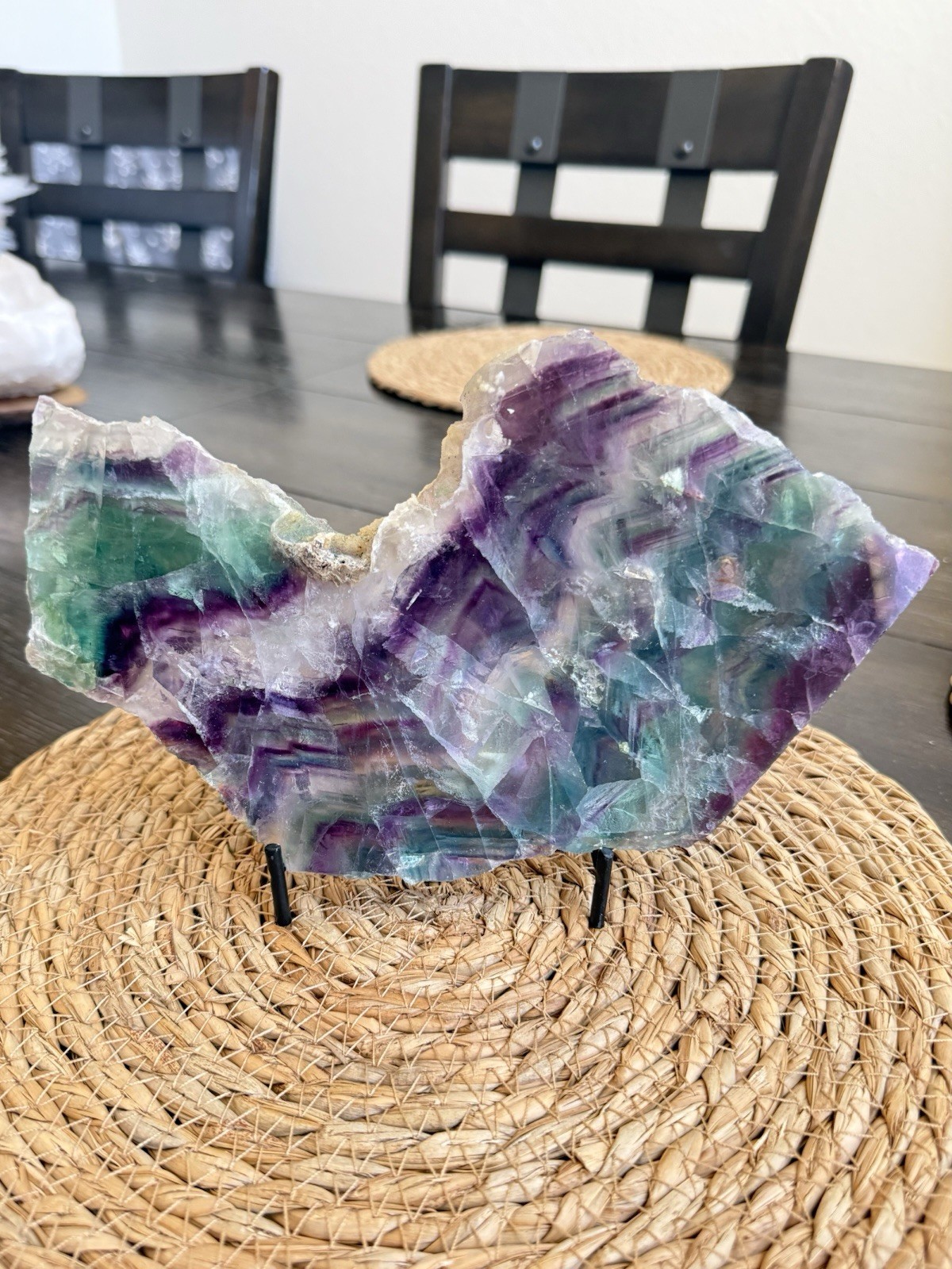 Rainbow Crystal Fluorite Chevron Slab with Stand 2lb 1oz Blue Purple Green Rare