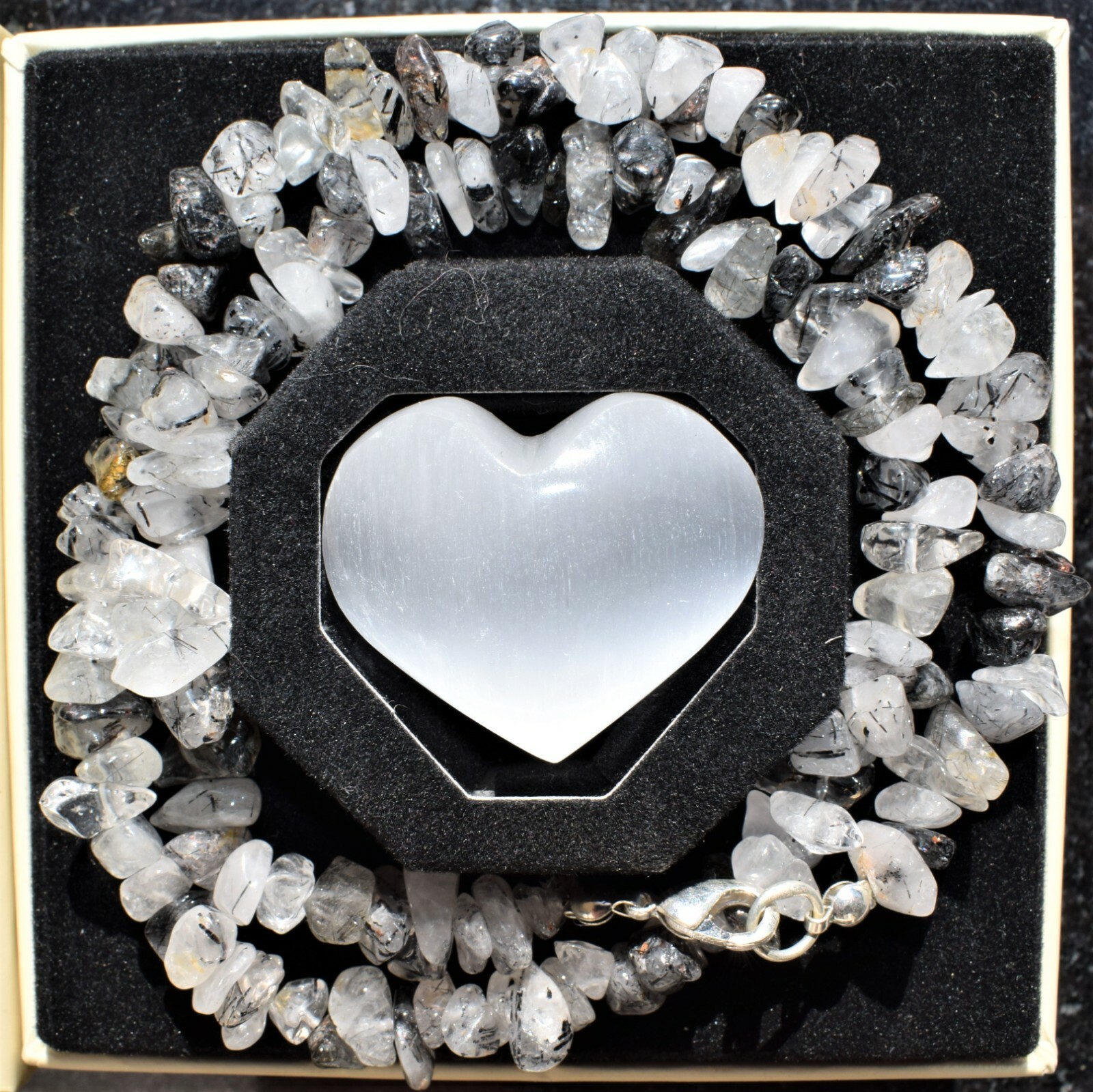 CHARGED 18″ Black Tourmalinated Rutile Quartz Crystal Necklace + Selenite Heart