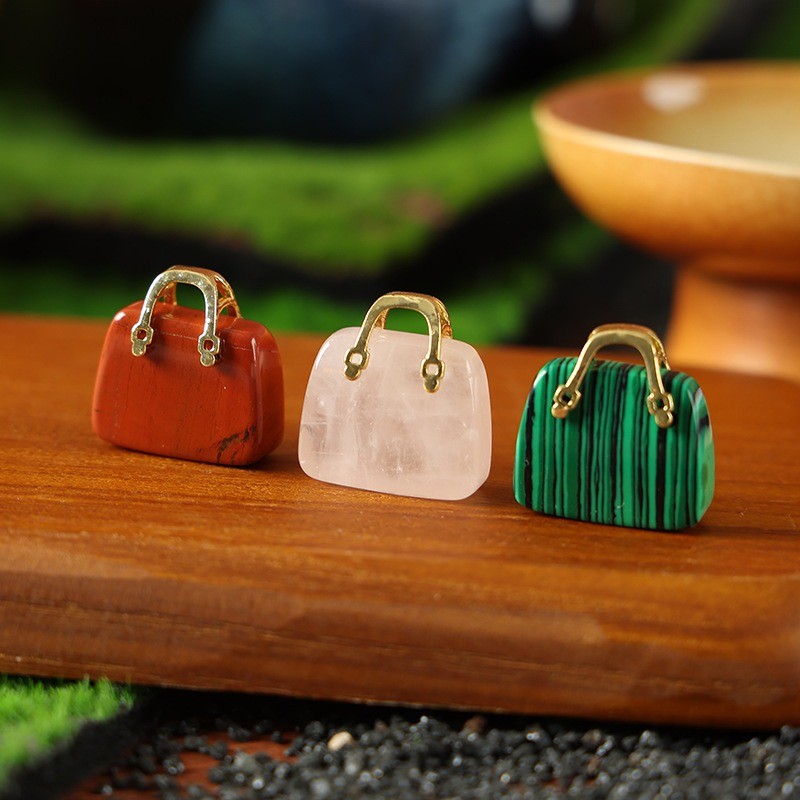 Natural Crystal Mini Handbag Pendant Gemstone Bag Charm DIY Necklace Keychain