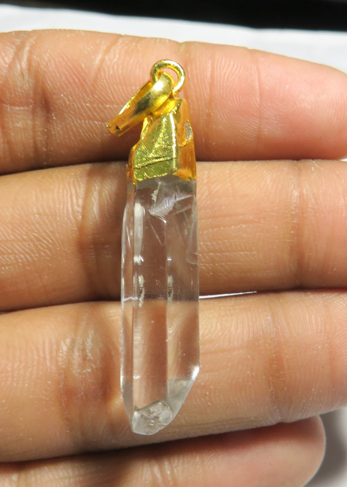 Natural Clear Quartz Crystal Point Pendant Gold Electroplated Pencil 41x8x7mm