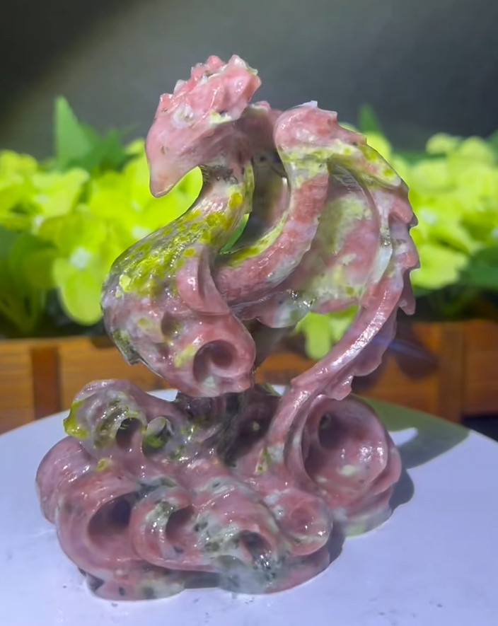 1pc Natural Peach Blossom Jade Quartz Carved Phoenix Skull Crystal Reiki Decor