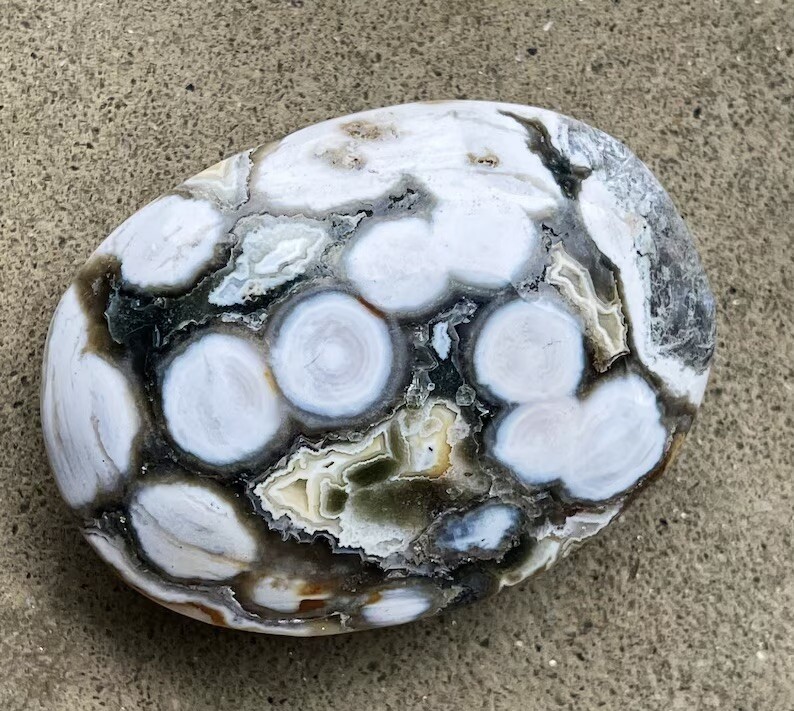 8th Vein Ocean Jasper Big Palmstone with Orbs and Quartz Collectors Crystal