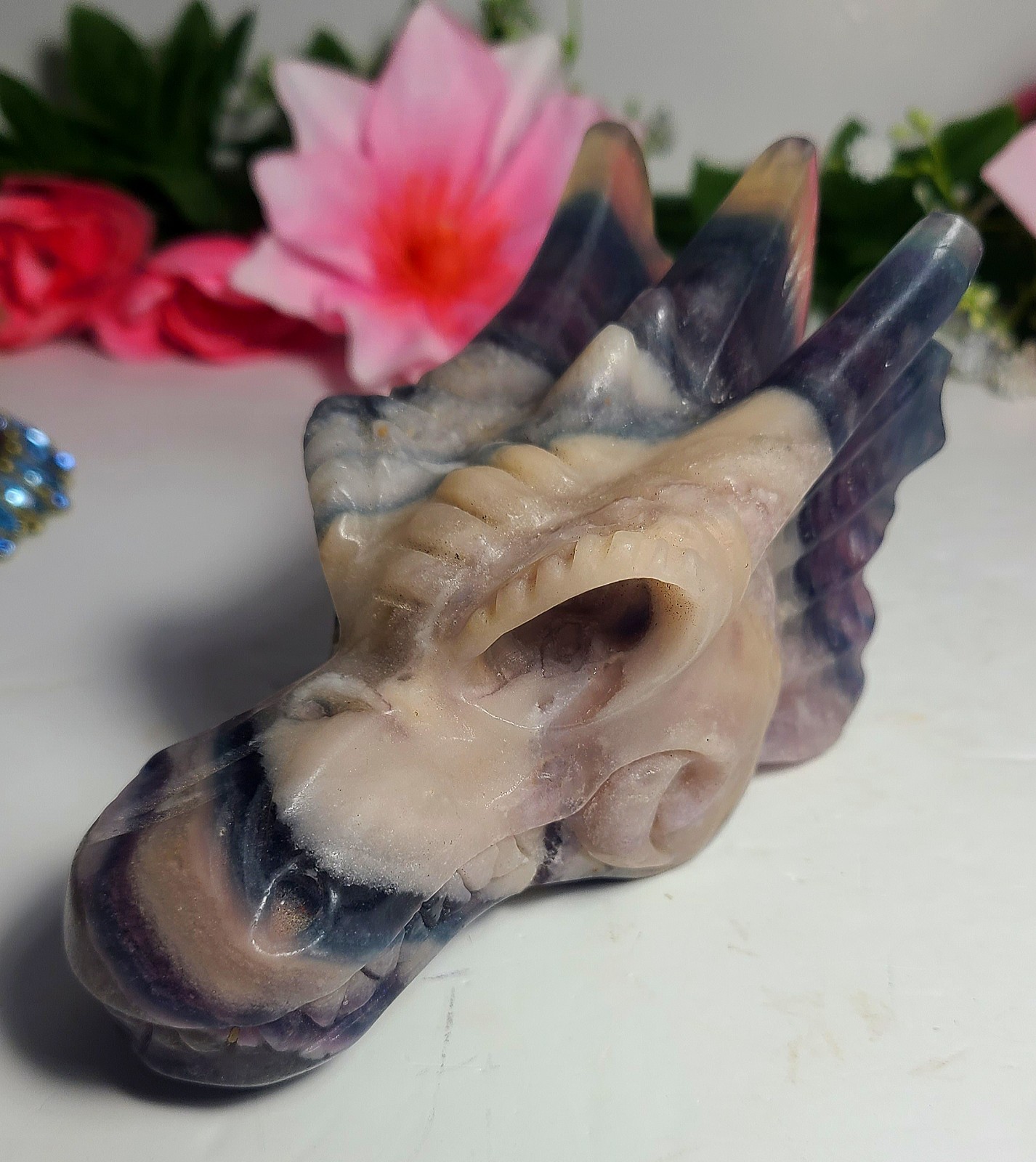 Large 5″ 303g Silky Fluorite Dragon Head Skull Crystal Stone Carving Statue