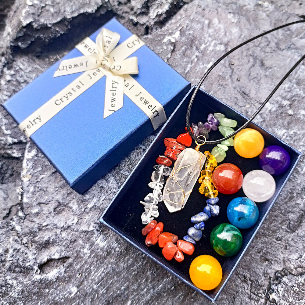 Spiritual Meditation Crystal Heart Healing Crystal 7 Chakra Tumbling Stone Set