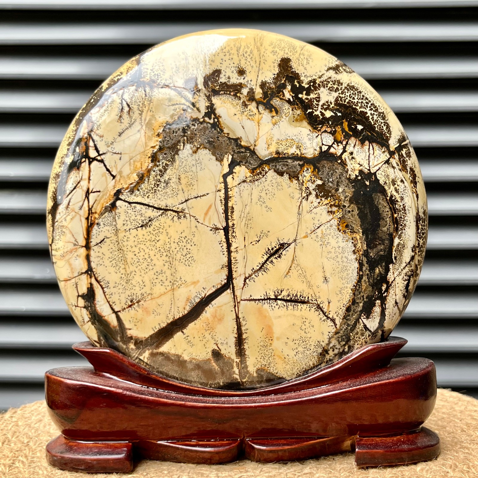 4.4 lb Picture Stone Landscape Art Gift Display w/ Wood Stand Decor
