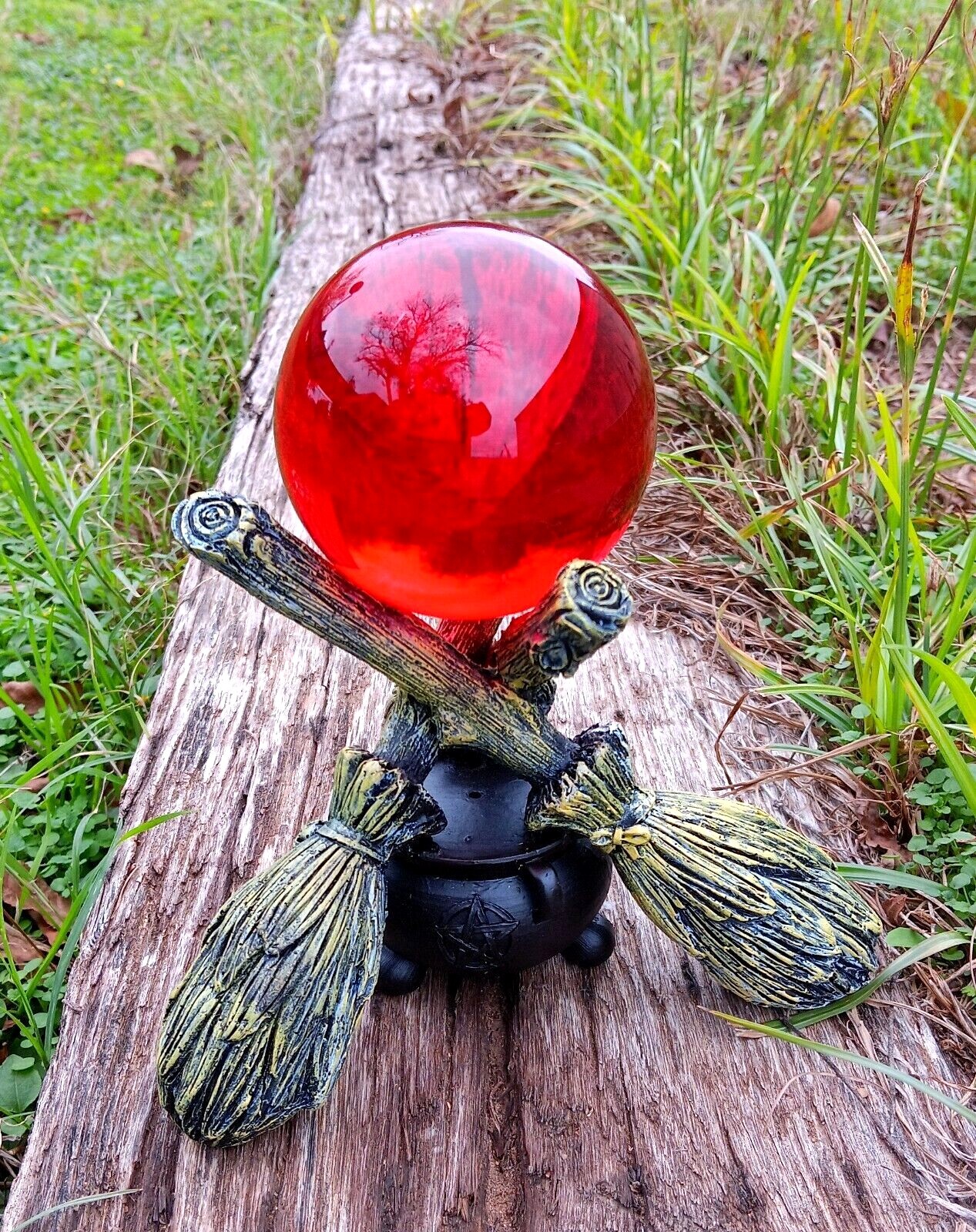 K9 80mm Clear Crystal Ball with Witch Broomstick & Cauldron Stand 7 colors