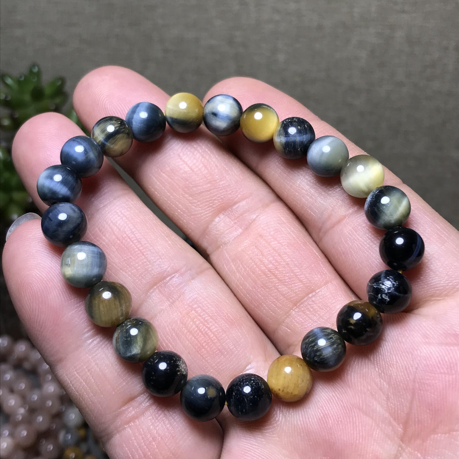 5Pcs Wholesal Natural Polish yellow Blue Tiger eye bracelets Crystal ball 8mm