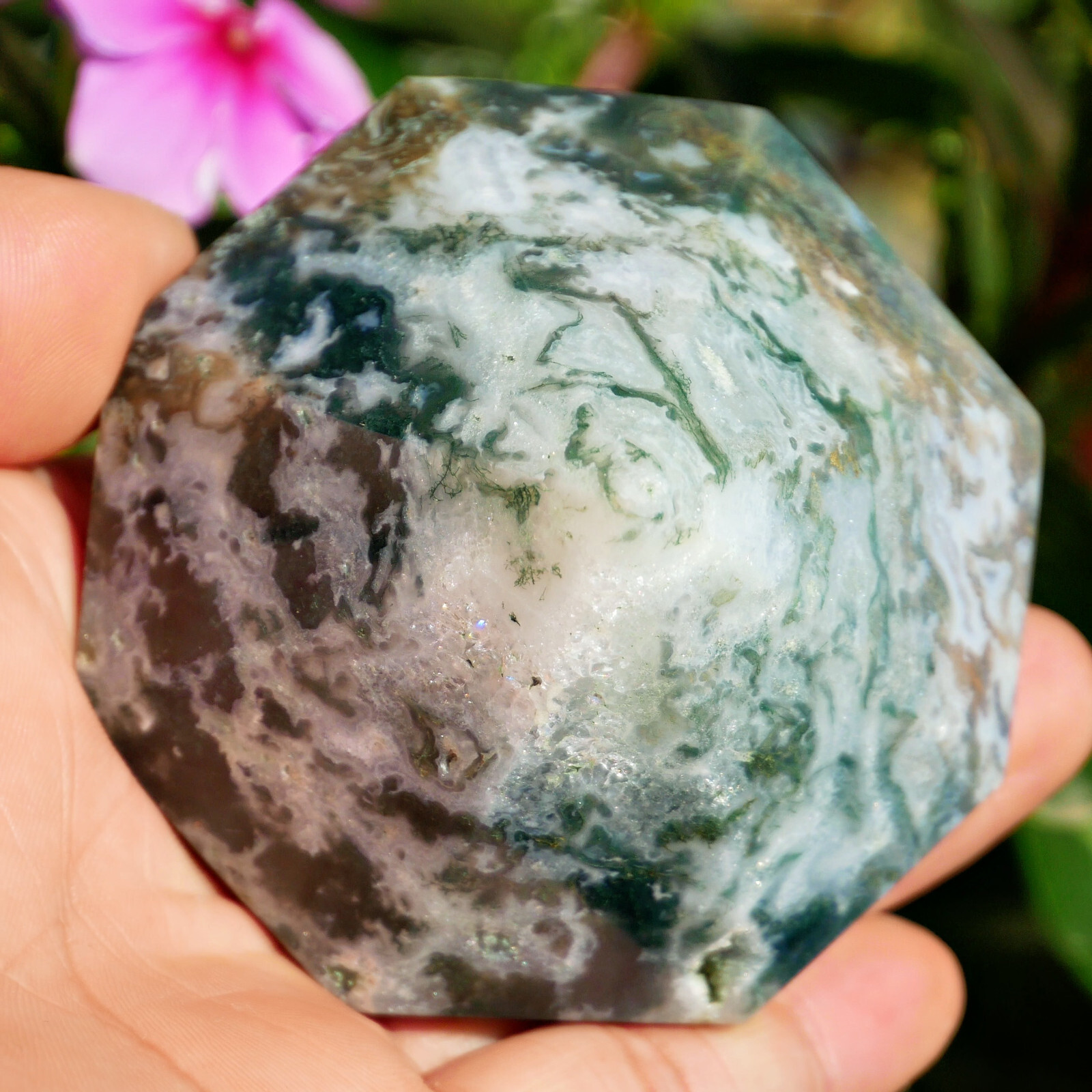 Natural Moss Agate Diamond Shape Crystal Carving 2.8″ Healing Stone Geometric