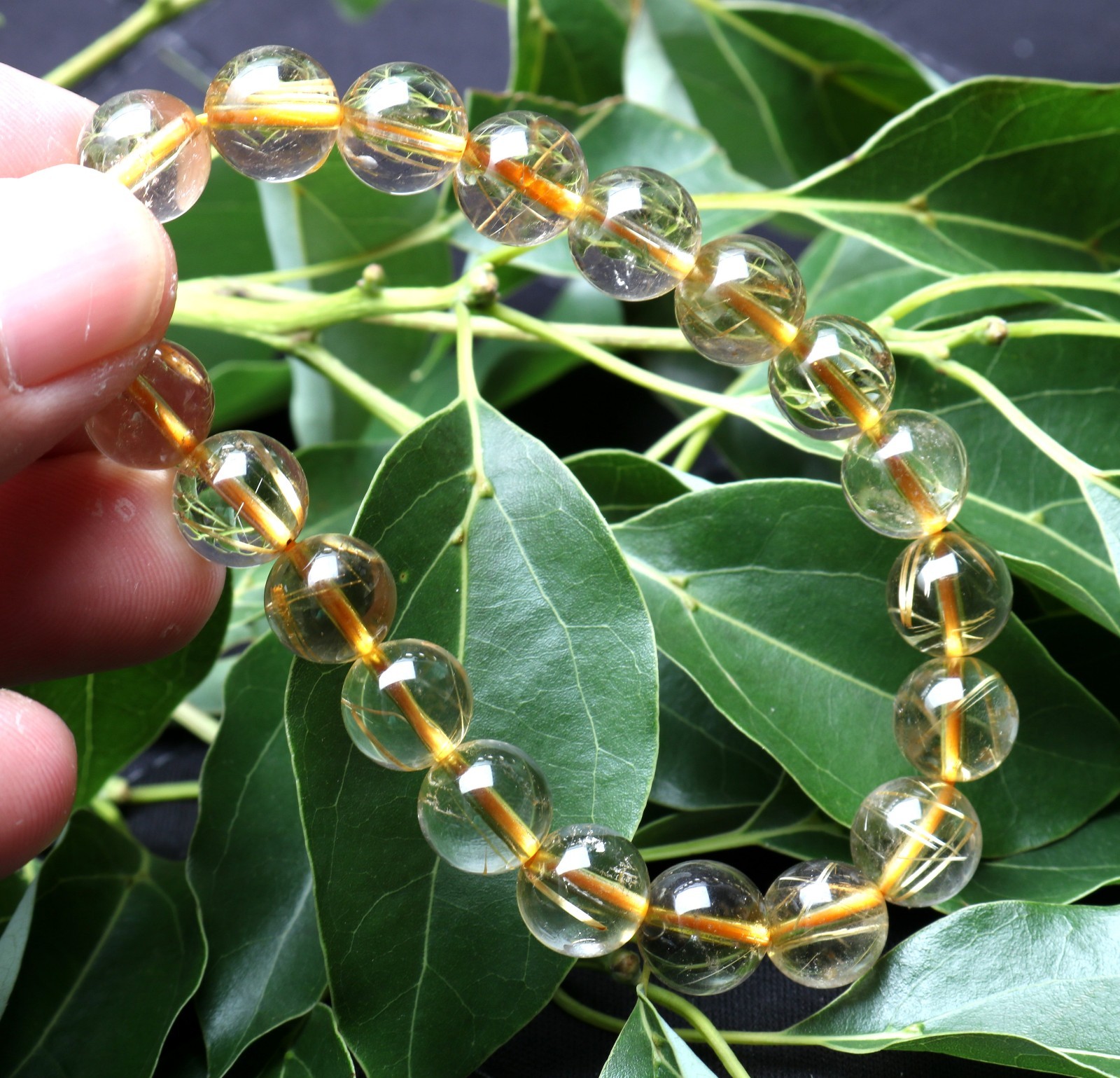 25.2g Rare Natural Clear Gold Rutilated Quartz Crystal 10mm Round Bead Hand cate