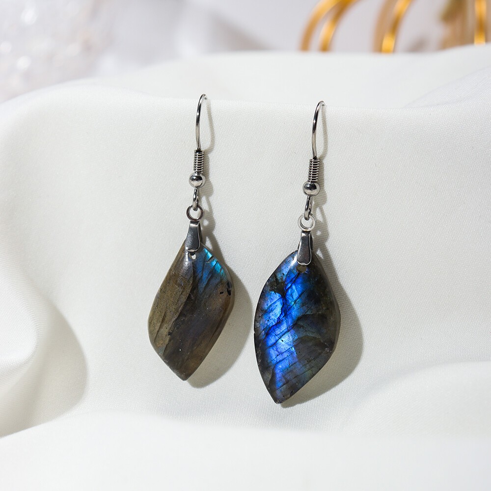 Natural Drop Labradorite Dangle Hook Earrings Crystal Quartz Healing Jewelry