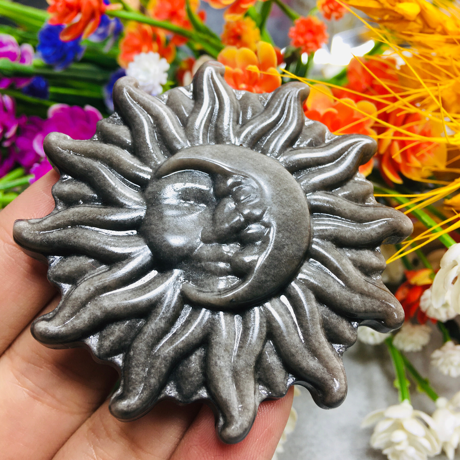 Natural Silver Obsidian Sun Moon Quartz Skull Crystal Specimen Reiki Healing 1pc