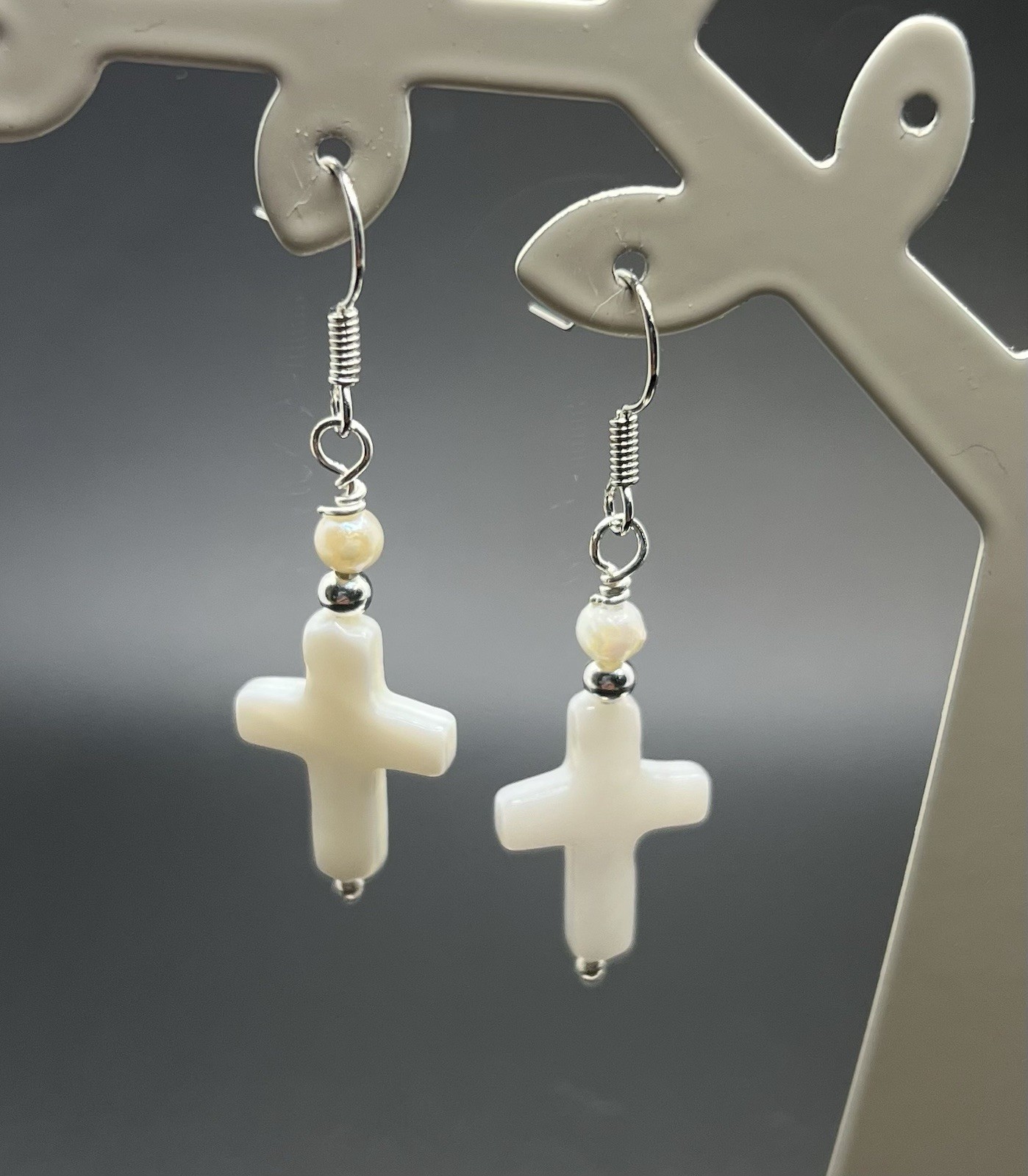 Genuine Cross Shaped Shell & Freshwater Pearl Handmade Earrings