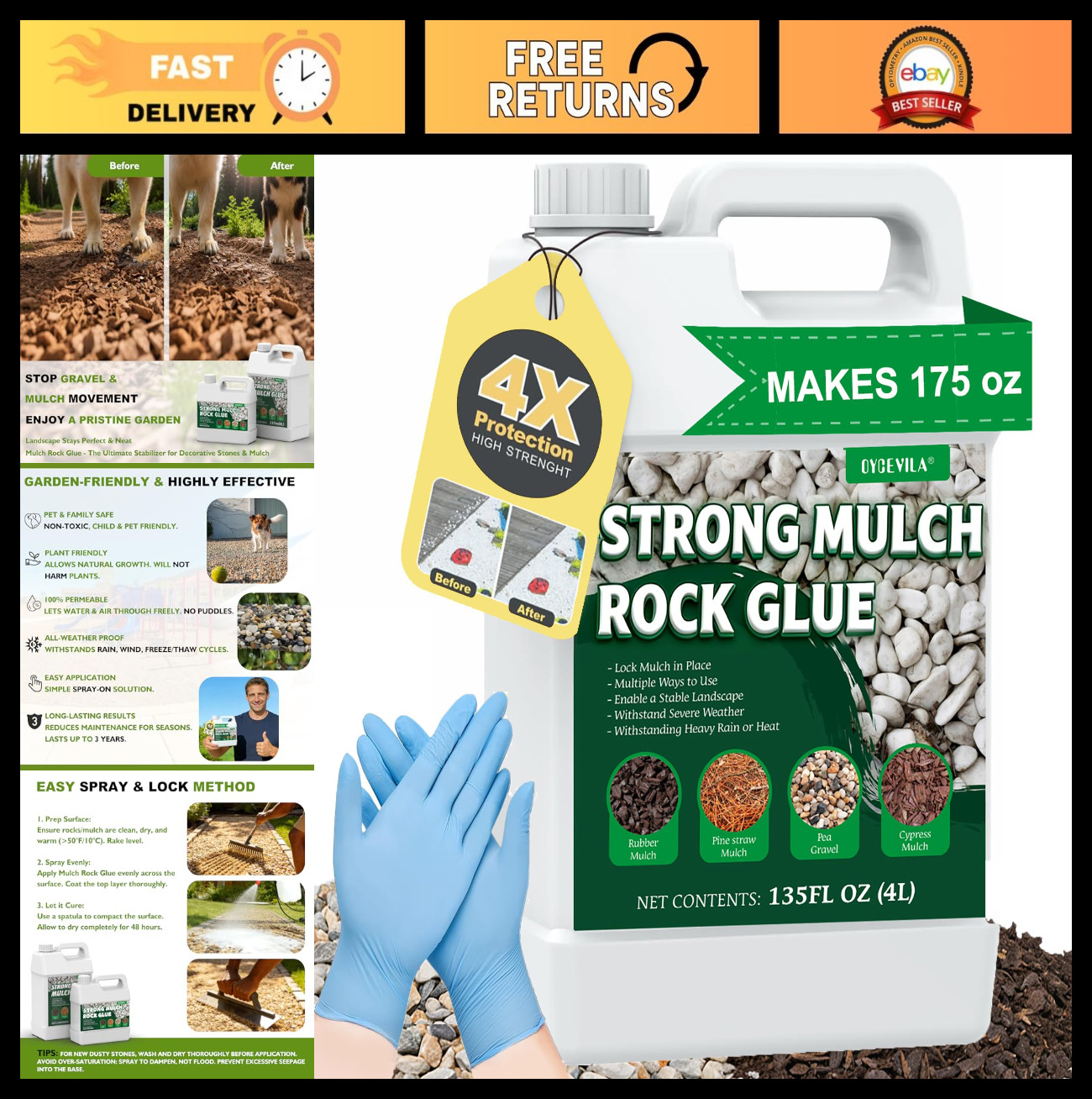 135 oz Clear Landscaping Mulch Glue – Strong All-Weather Adhesive, Erosion Contr