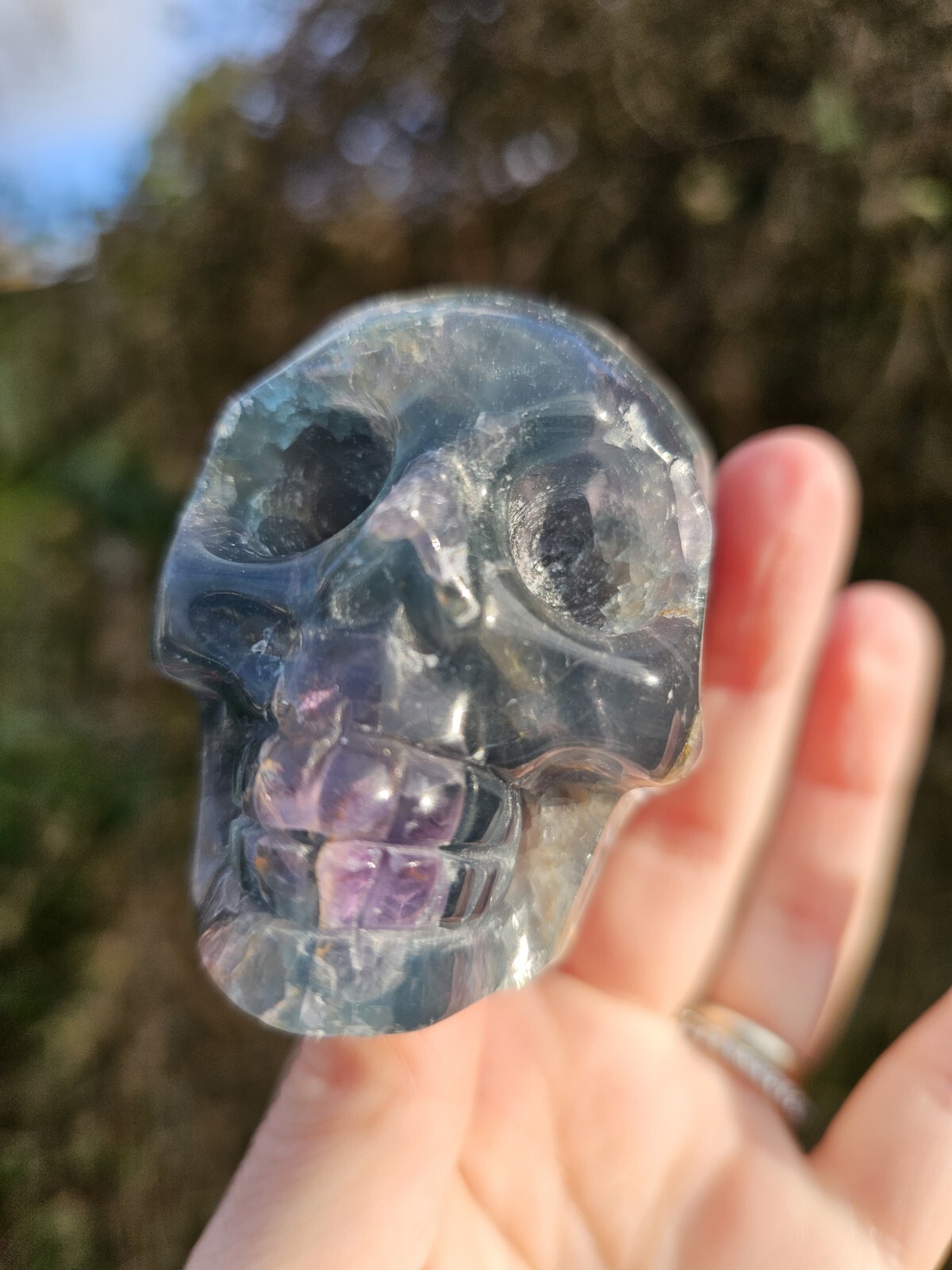 Rainbow Fluorite Skull Crystal Carving 317g Purple Green Blue 6.5x 5 x 4.4cm