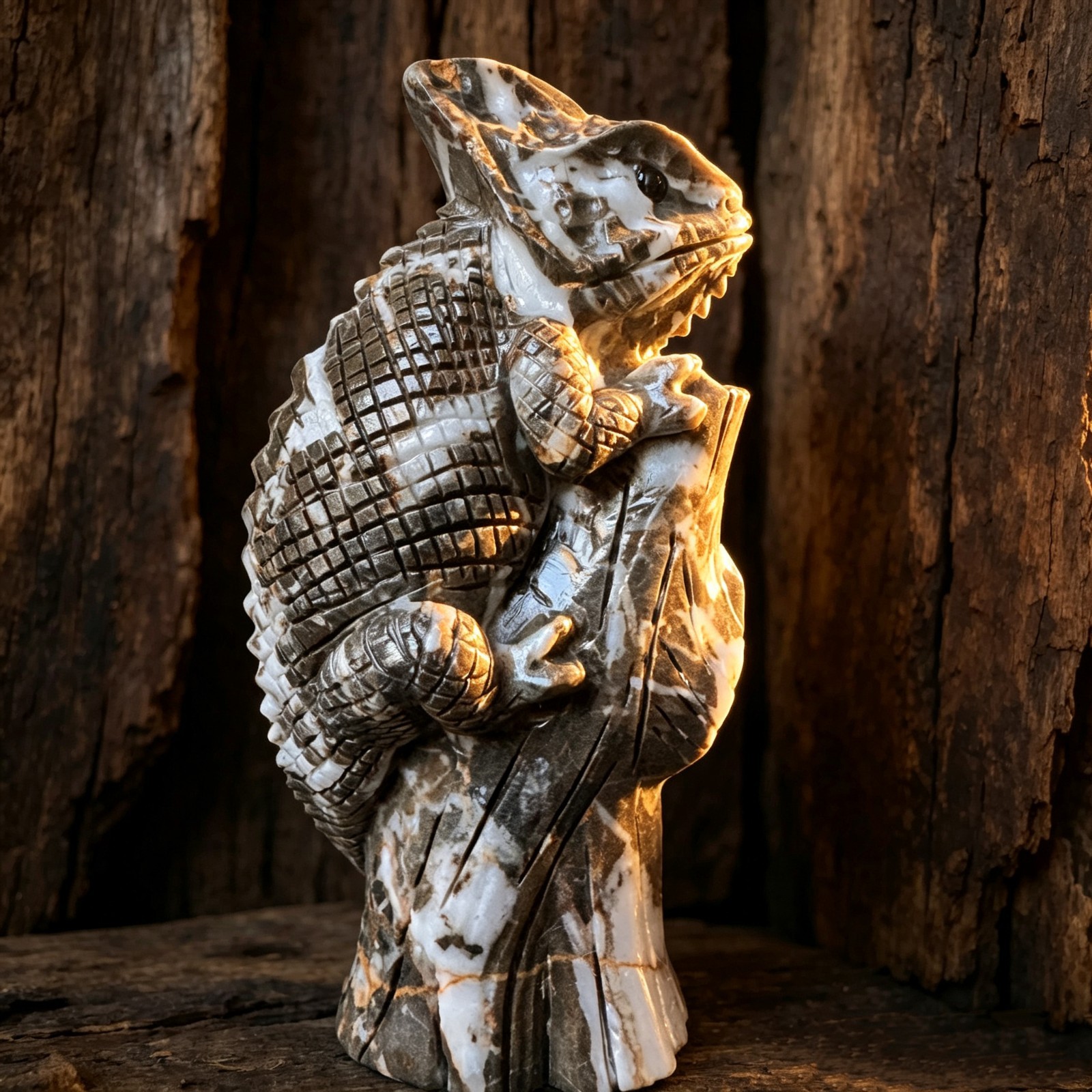 Hand Carved Natural Chocolate Stone Chameleon Figurine, Collectible Desk Decor