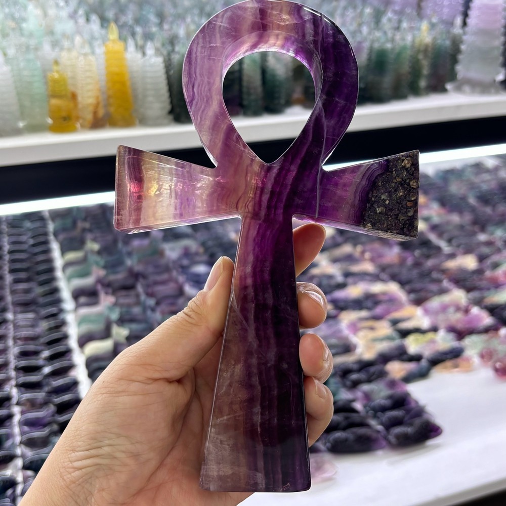 Natural Fluorite Quartz Crystal Cross Carved Crystal Ankh Reiki Healing 1pc