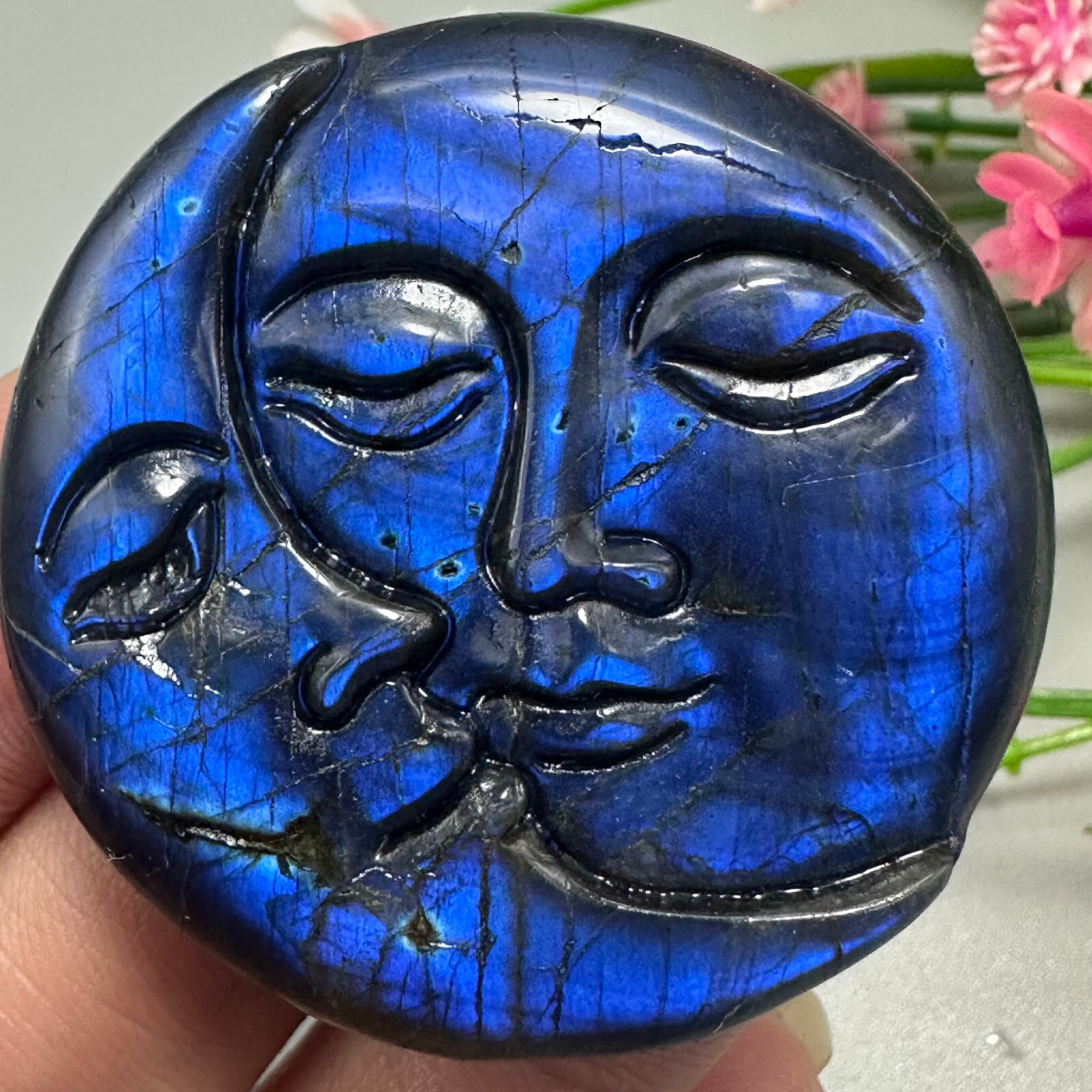 Natural Labradorite Sun Moon Face Quartz Skull Crystal Specimen Reiki Healing