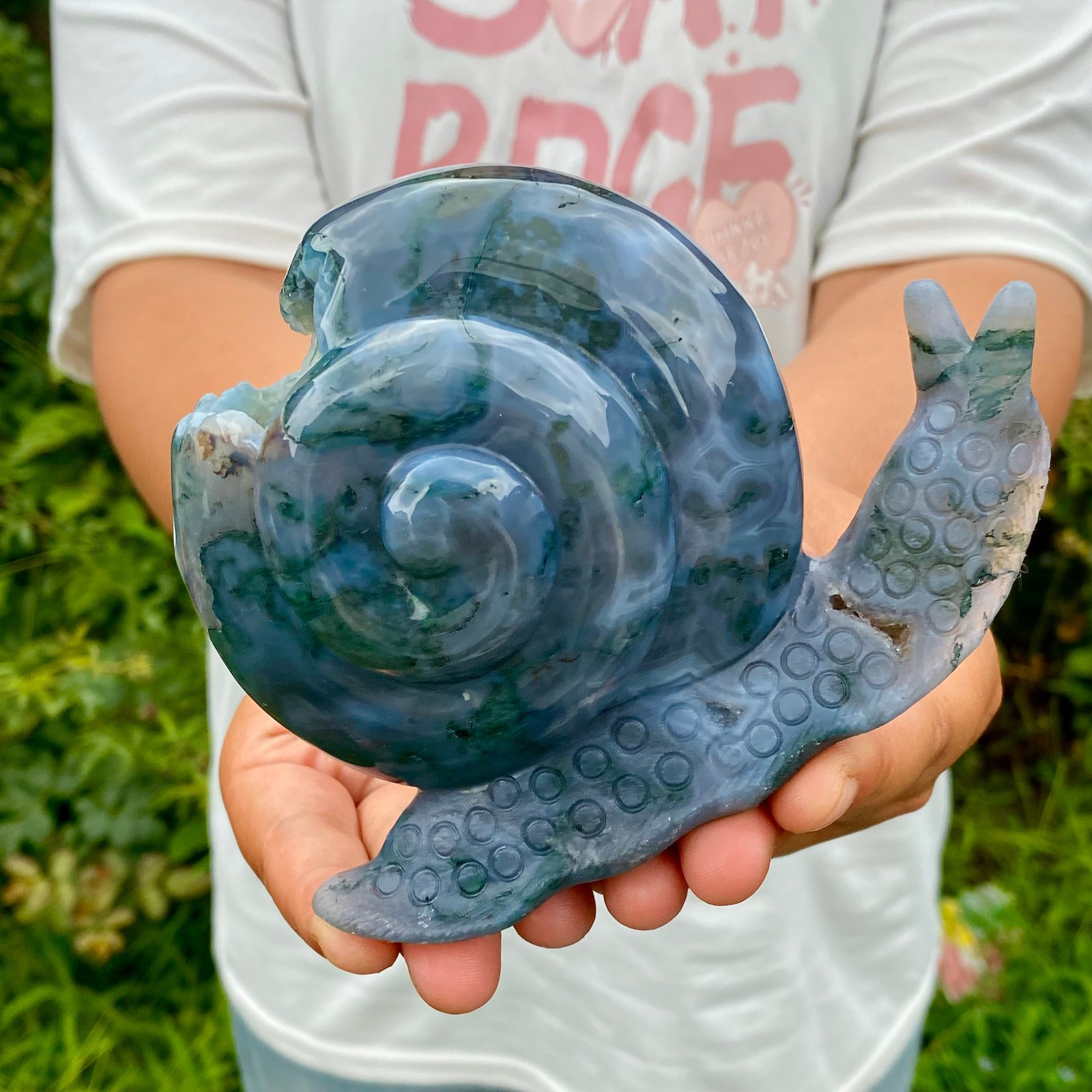 1.4LB Natural Ocean Agate Snail Hand Carving Gemstone Ornament Home Decoration