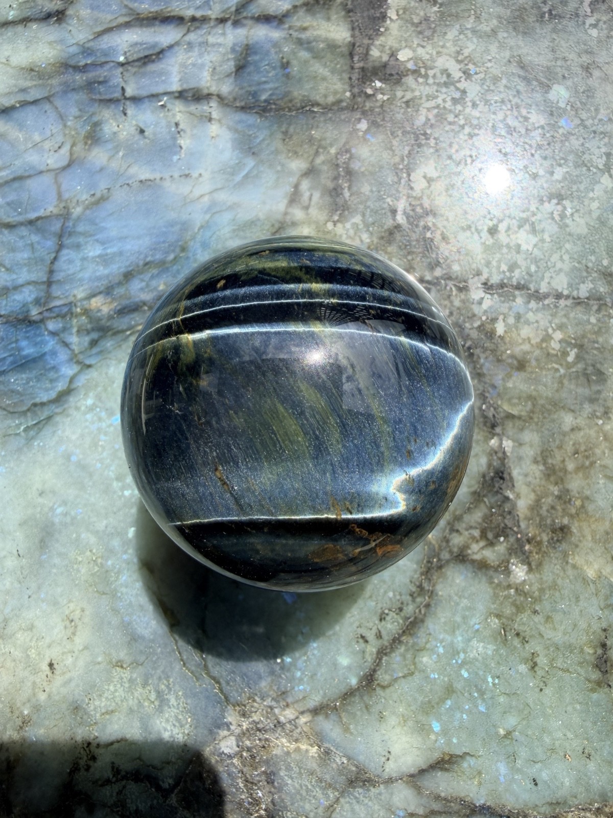 Blue Tiger’s Eye (Hawk’s Eye) Sphere | Intense Chatoyancy Cat’s Eye Effect 2.3″