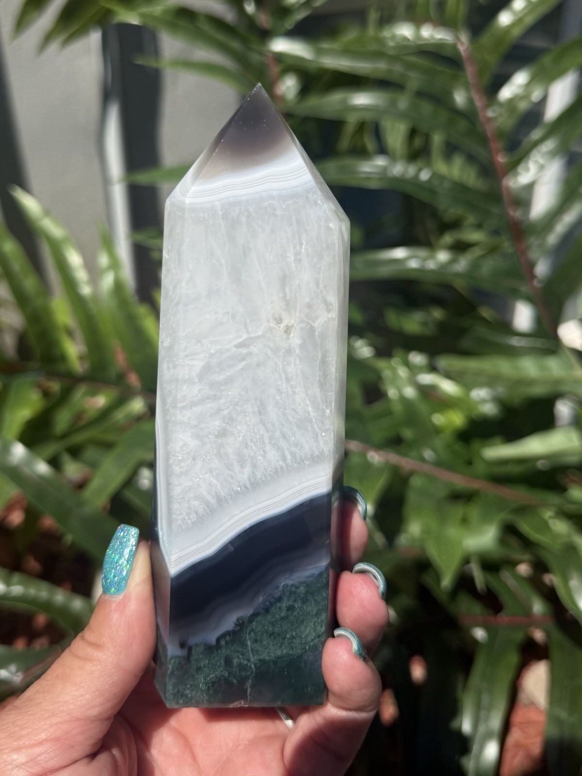 Large Natural Moss Agate in Quartz Crystal Tower White Plume Green Moss 6”