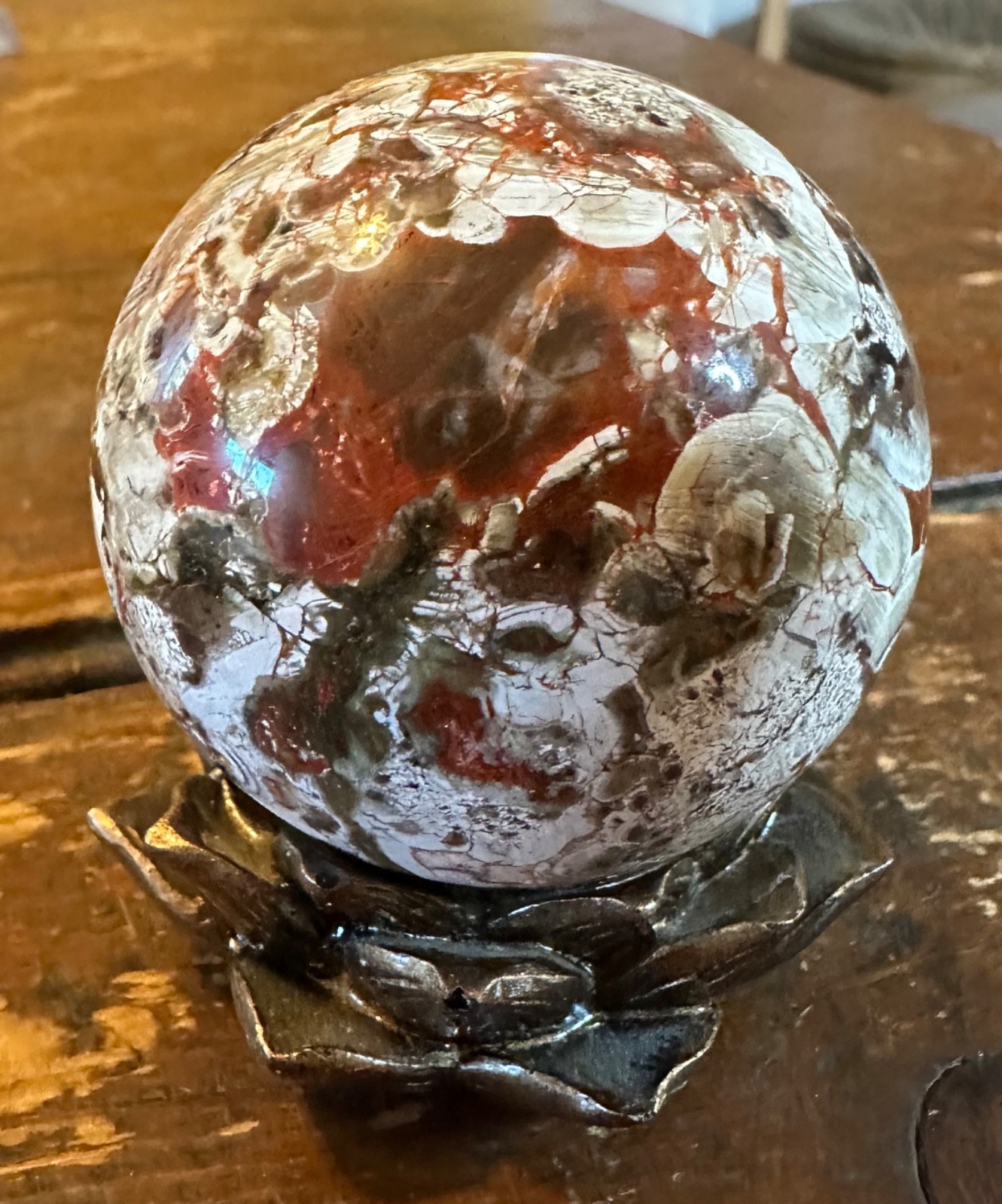 Colorful Money agate crystal sphere with brown resin petal stand free shipping