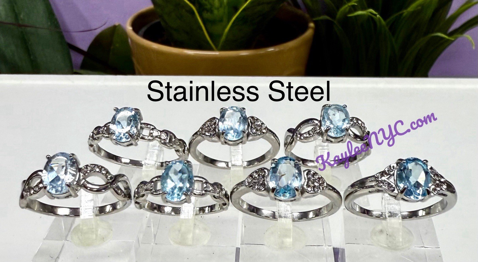 Wholesale 7 Pcs Natural Blue Topaz Stainless Steel(316) Rings Crystal 7x9mm