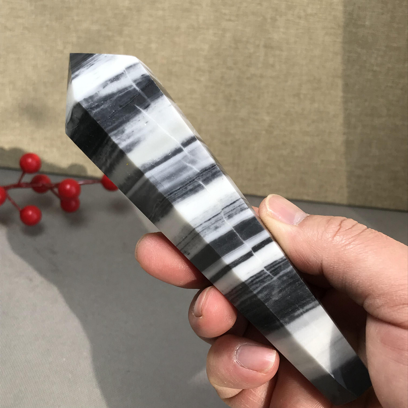 151mm Long Natural Taiji Stone stripe wand Obelisk Crystal specimens 255g A5779