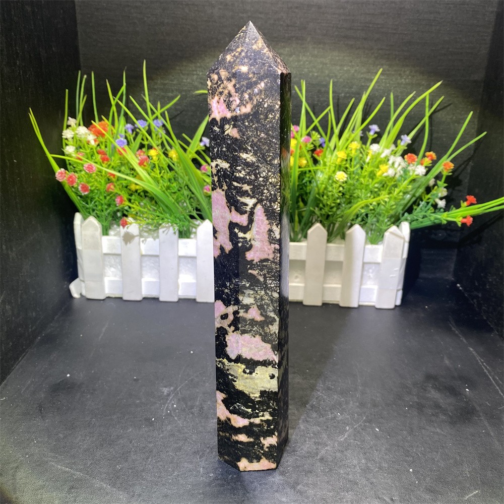 1.9LB 9″Natural Unique Pink Rhodonite Obelisk Crystal Reiki Tower Heal Decor