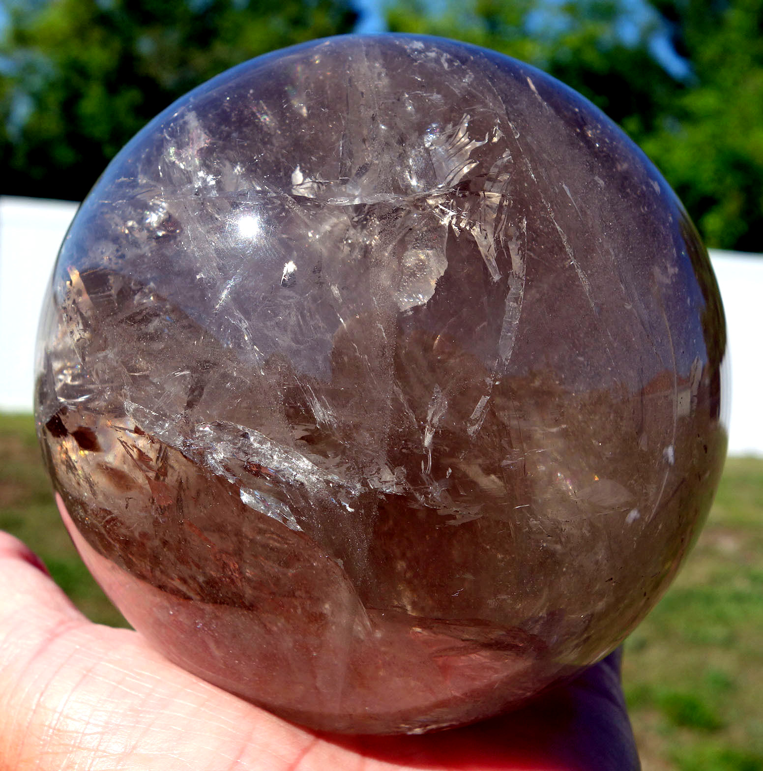 Large 4 Inch SMOKY QUARTZ Crystal Sphere Ball with RAINBOWS from Brazil