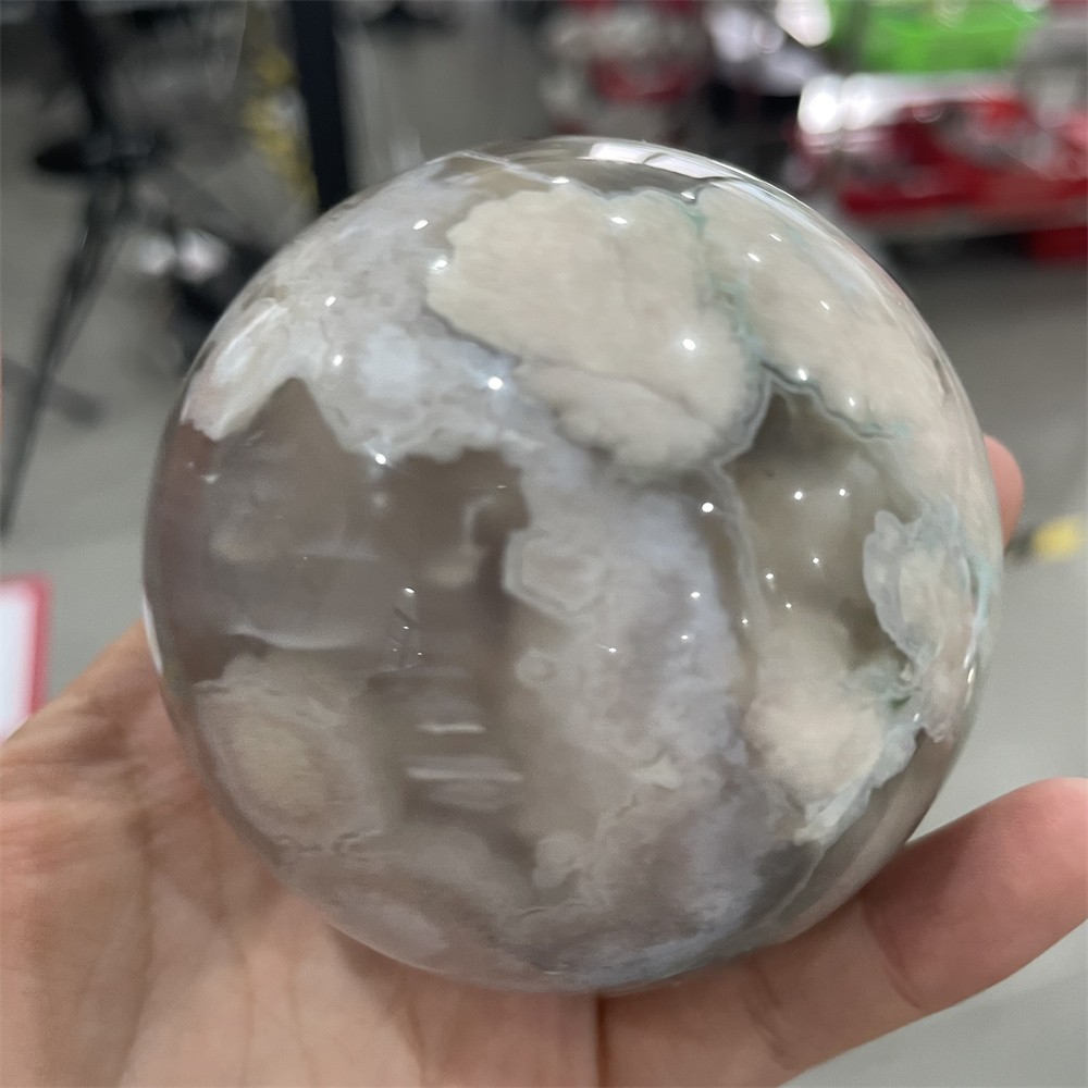 0.8LB 2.3″Hot Sale A+Natural Green Flower Agate Sphere Crystal Reiki Ball Decor