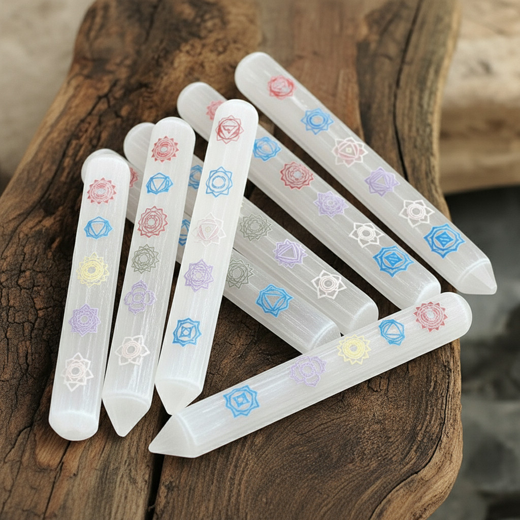 Chakra Selenite Wand – Round Pointed Reiki Massage Stick-Healing Crystal Energy