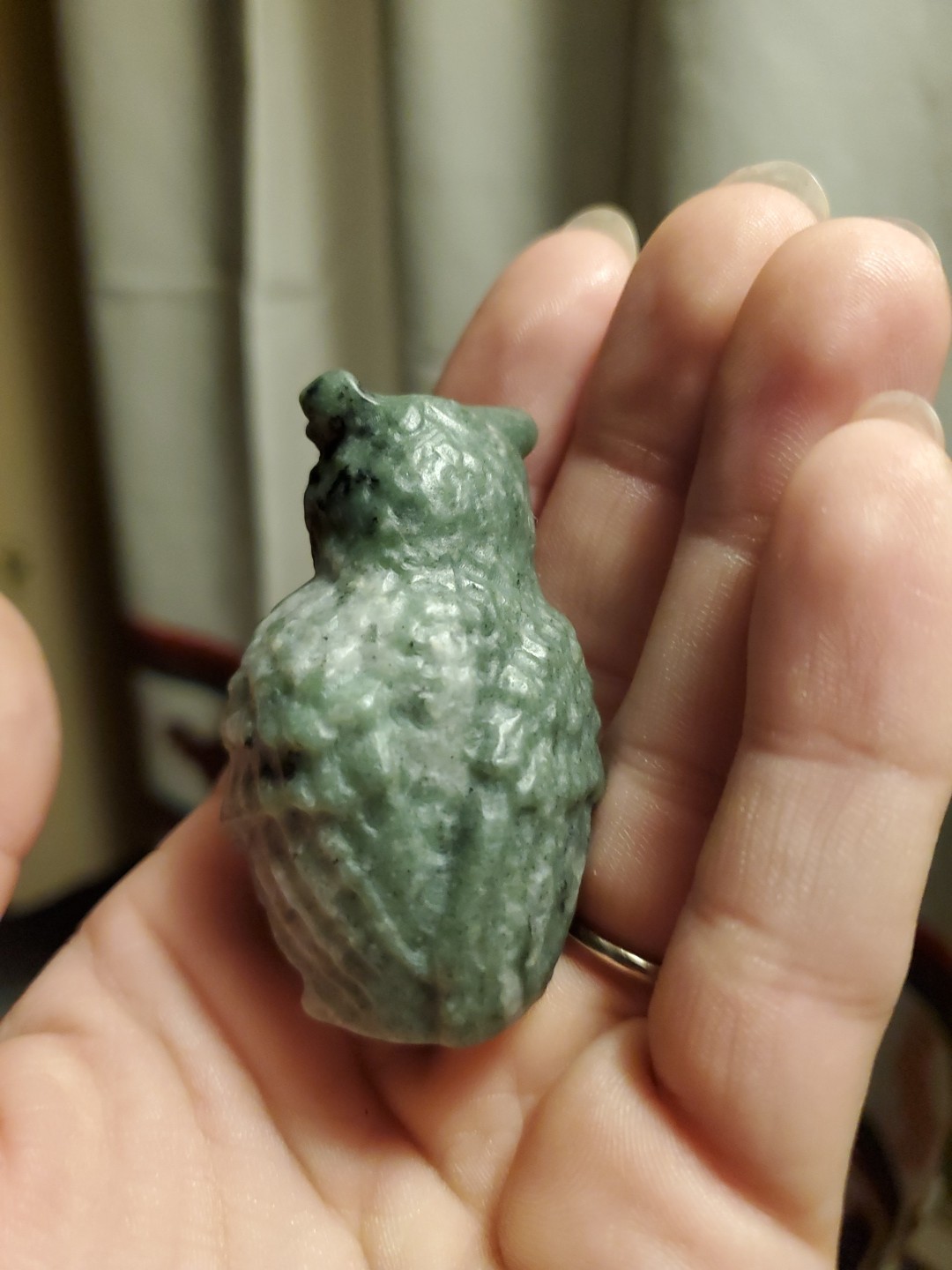 Carved Ophiolite Owl Crystal Figure