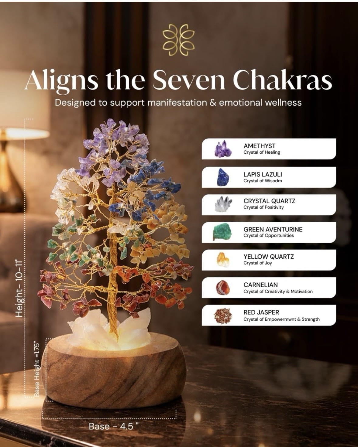 7 Chakra Crystal Tree Of Life Healing Crystal Acacia wooden Base Light/Lamp ￼