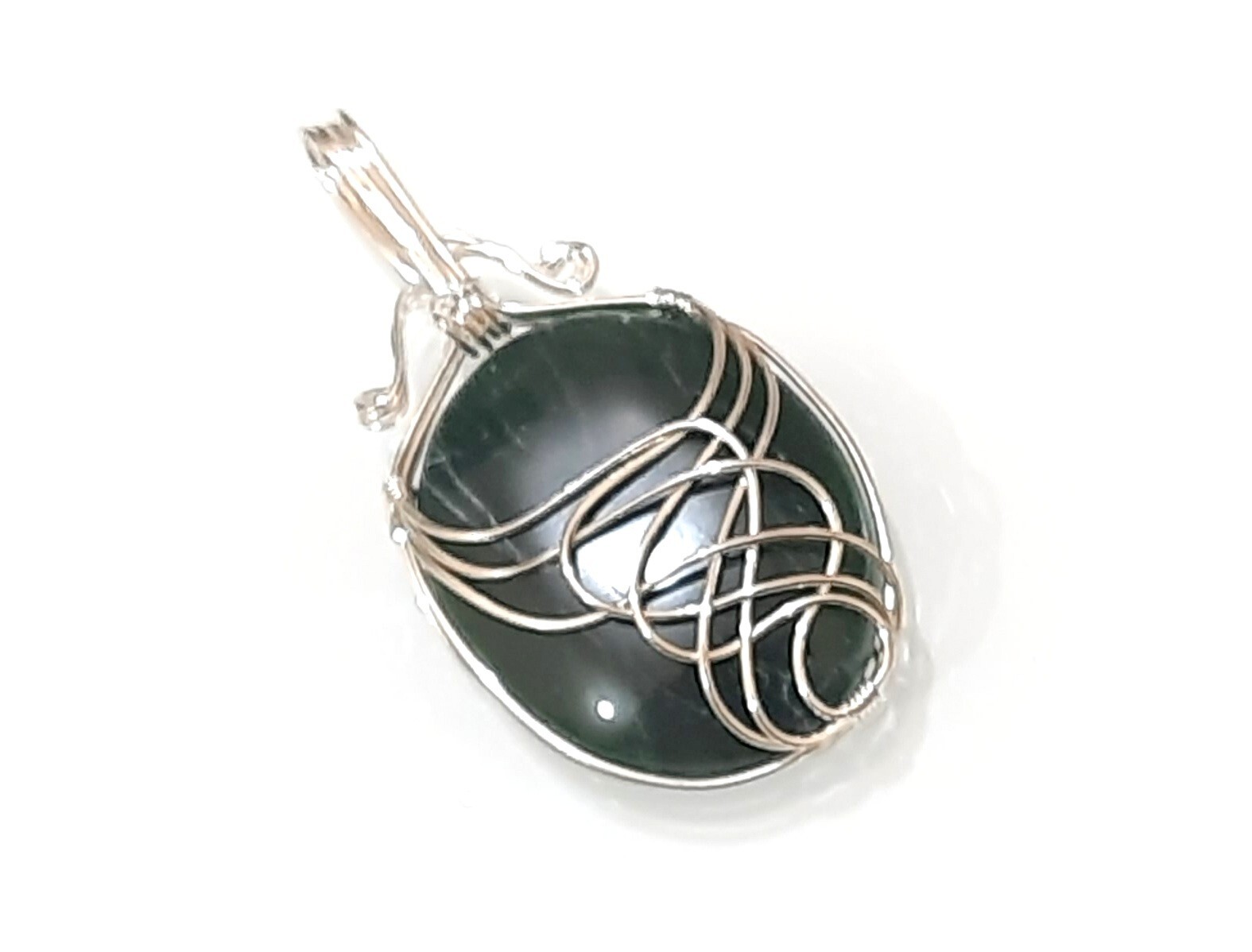 Natural stone Green Jade Wire Wrapped Unisex Pendant with cord and pouch