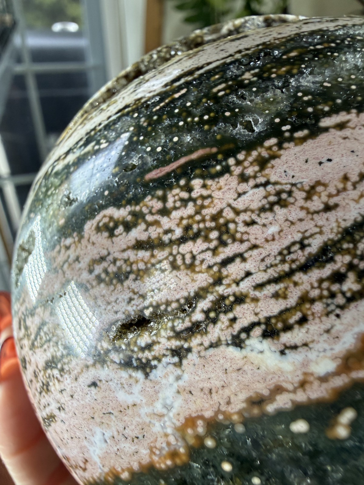 8th Vein Ocean Jasper Sphere – Druzy Pockets – Green, Pink, White – 3.69lbs