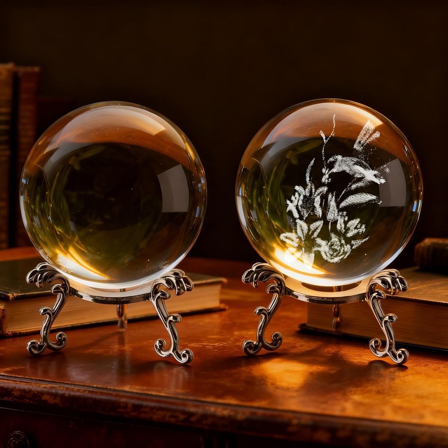 2 Crystal Balls and 2 Silver Stands – 1 Clear Ball and 1 3D Engraved Hummingbird