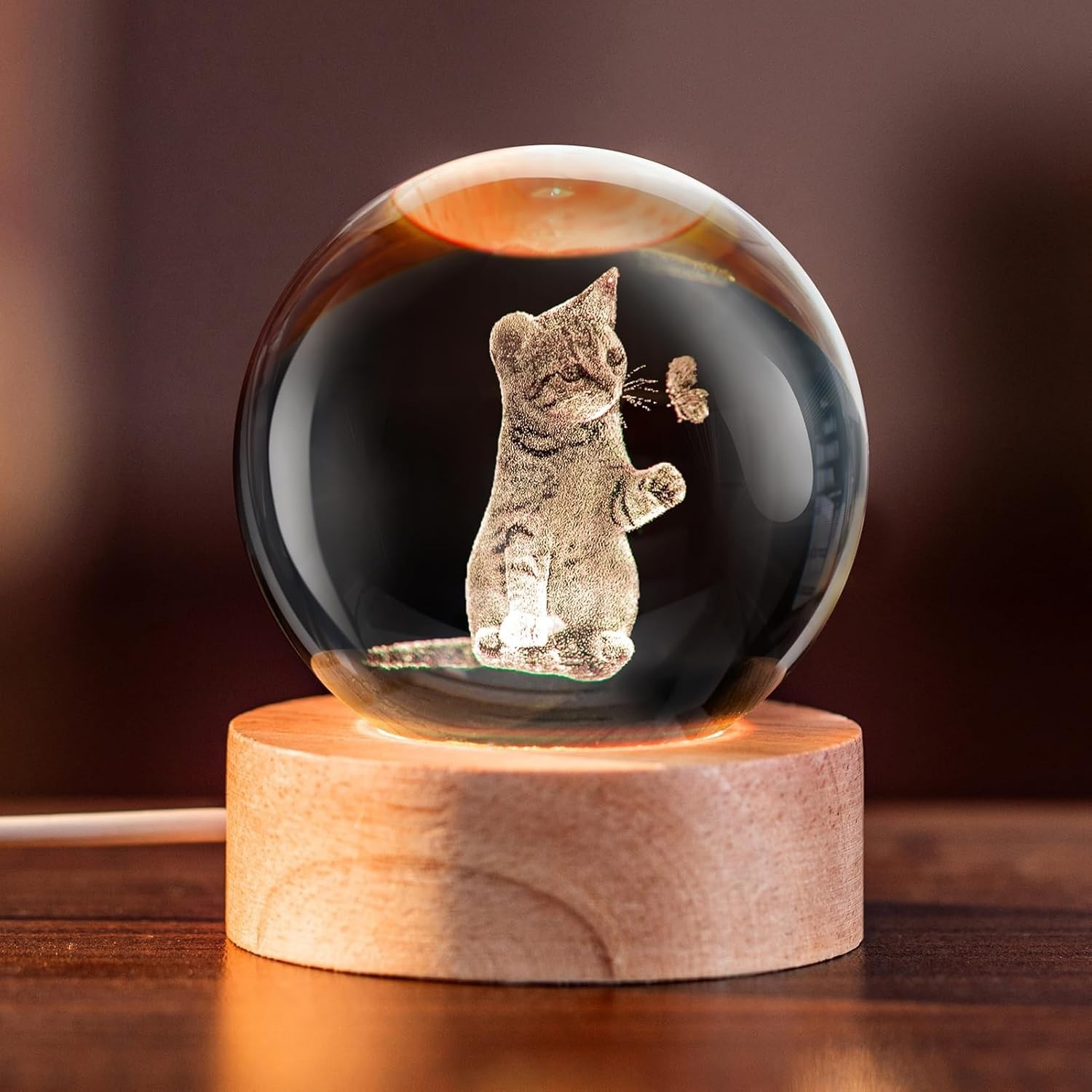 Engraved Cat Image in Crystal – USB Powered Night Light