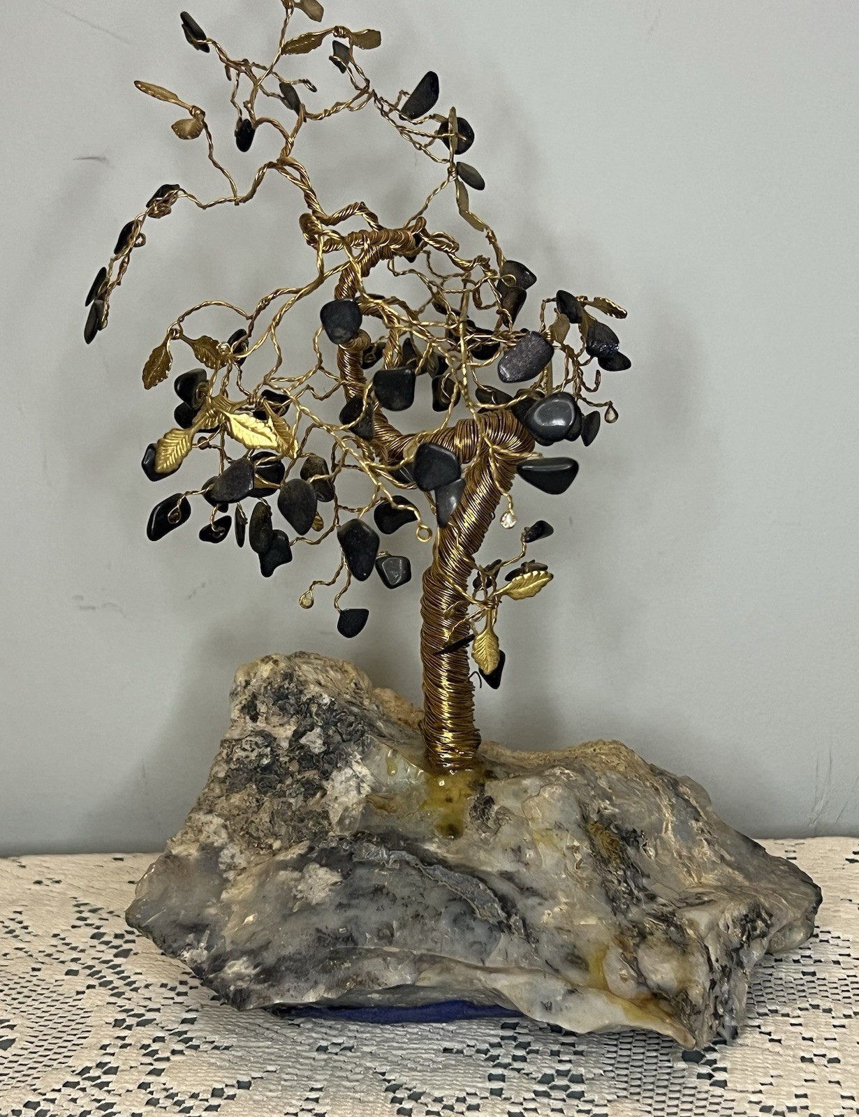 Vintage MCM Gemstone Twisted Brass Wire Tree of Life Bonsai – V3