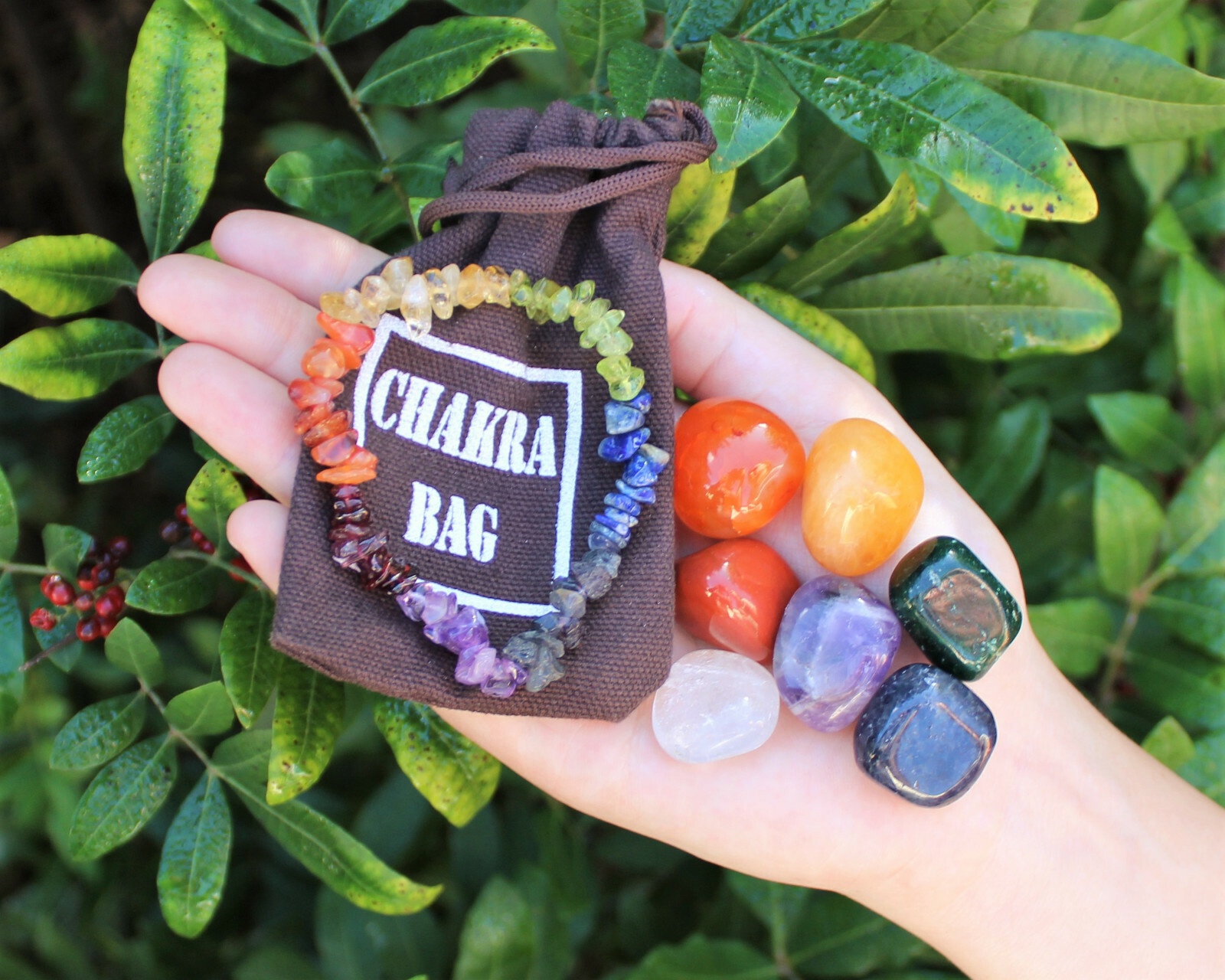CHAKRA KIT: 7 Tumbled Stones Set & Instructions & Pouch & Chakra Chip Bracelet
