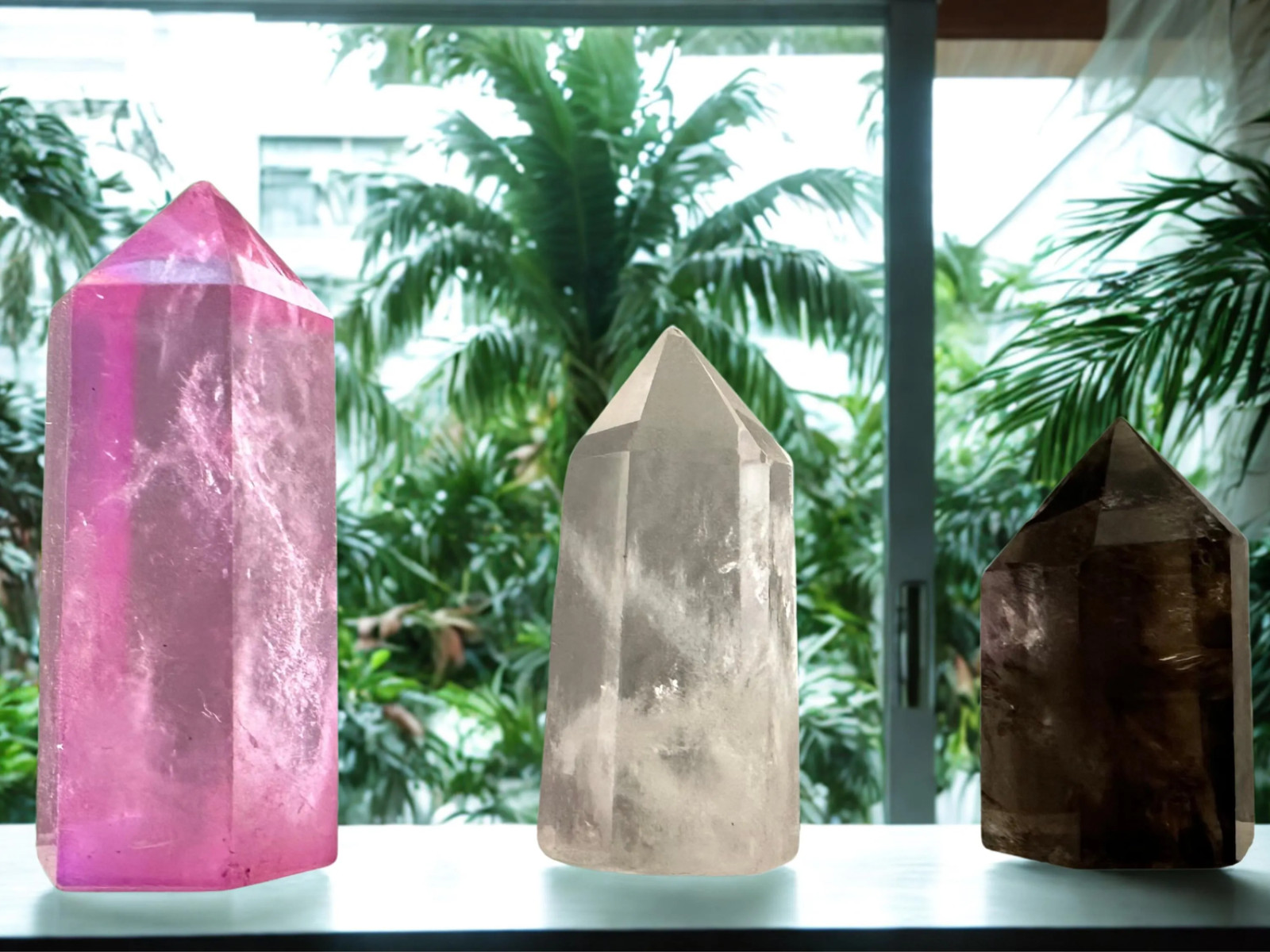 Desk Crystal Set: Selenite, Clear, Smoky, Pink Aura Quartz Towers