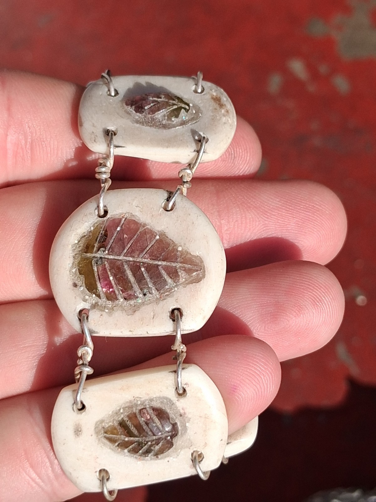 6 Inch Leaf Carved Watermelon Tourmaline In Water Buffalo Bone Bracelet