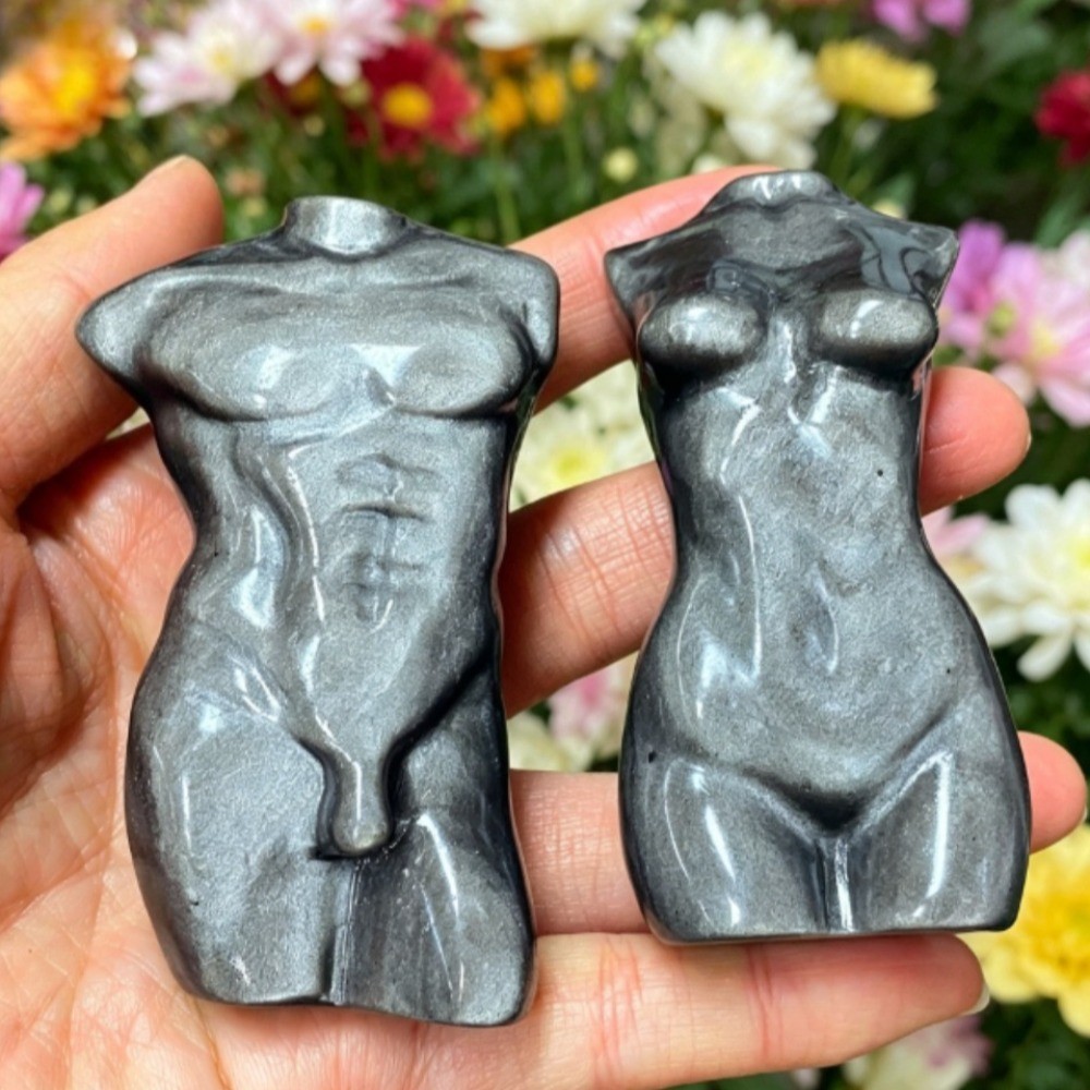 Natural Silver Obsidian Male & Female Pair Body Torso Human Model Crystal 2pcs
