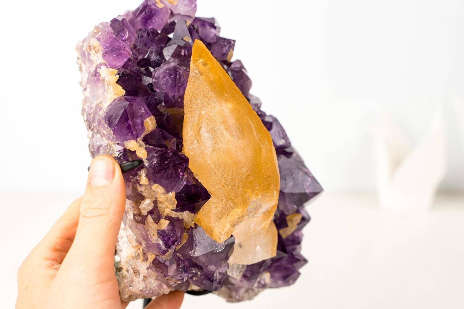 Rare Golden Yellow Calcite Specimen on Deep Purple Amethyst Cluster