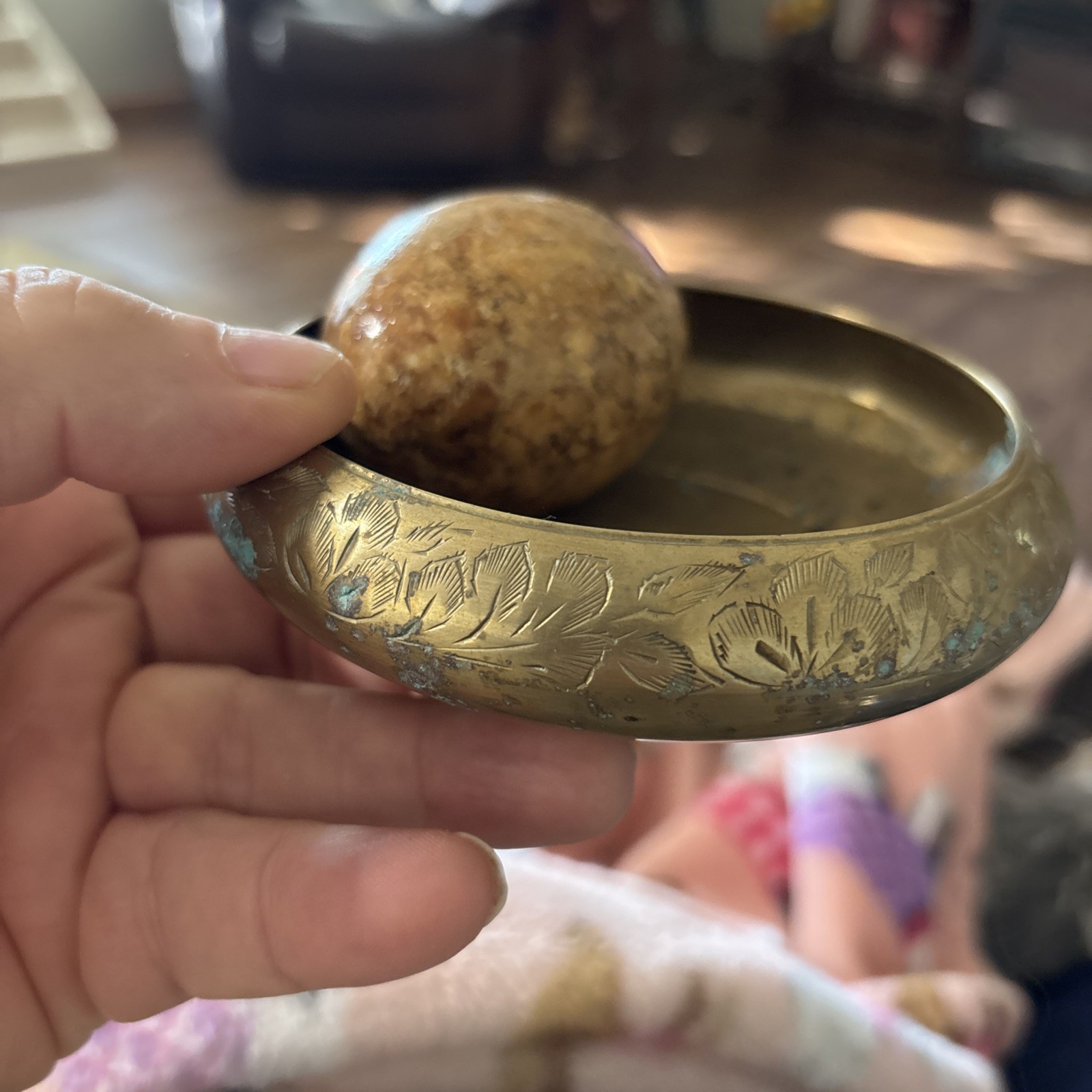 VINTAGE Brass Bowl From India W/stone Egg SEE PHOTOS